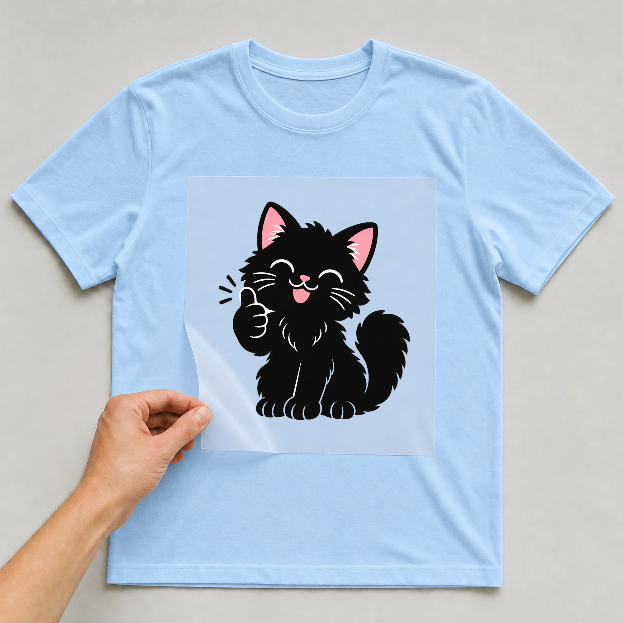 Bügelbild „Katze mit Daumen hoch“ auf babyblauem T-Shirt, Folie wird aufgelegt