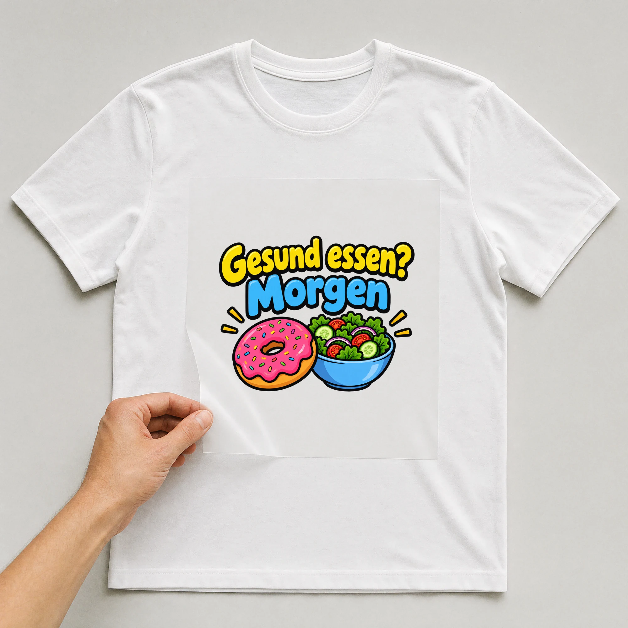 Bügelbild „Gesund essen? Morgen“ auf weißem T-Shirt, Folie wird aufgelegt