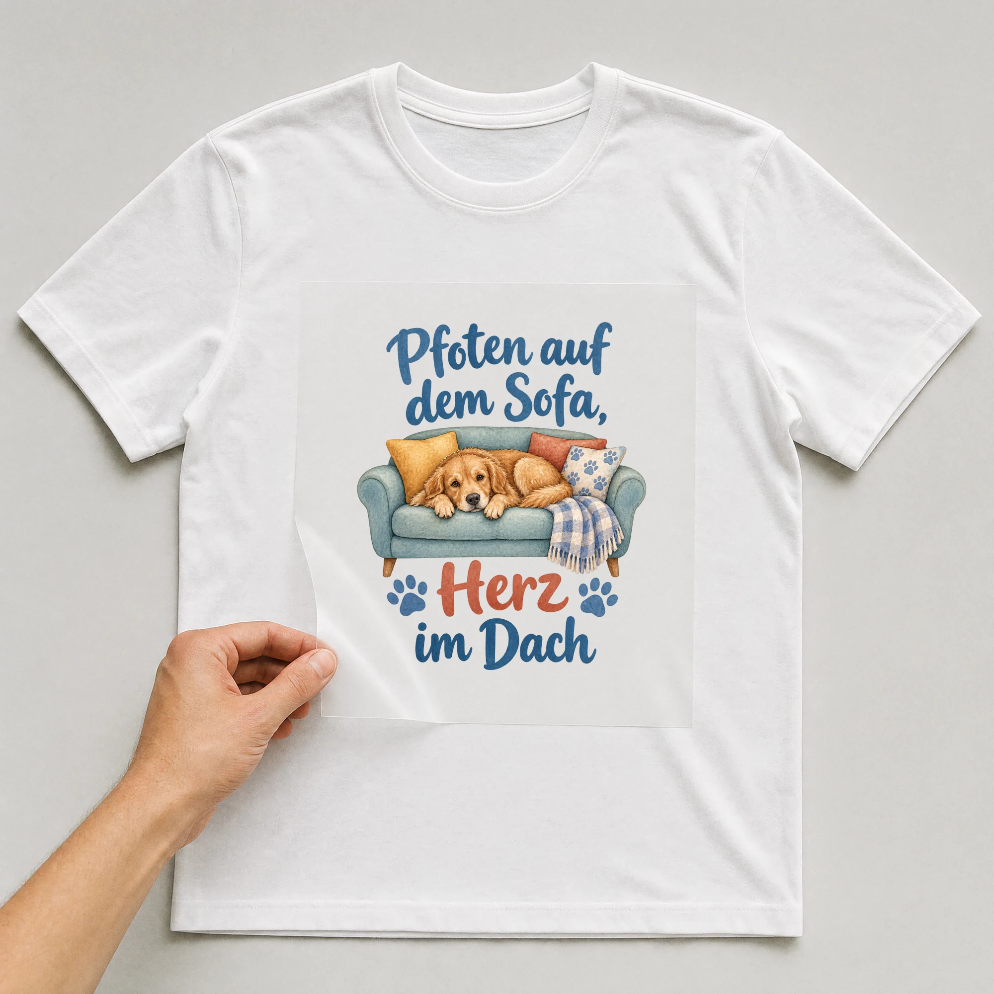Bügelbild „Pfoten auf dem Sofa, Herz im Dach“ auf weißem T-Shirt, Folie wird aufgelegt