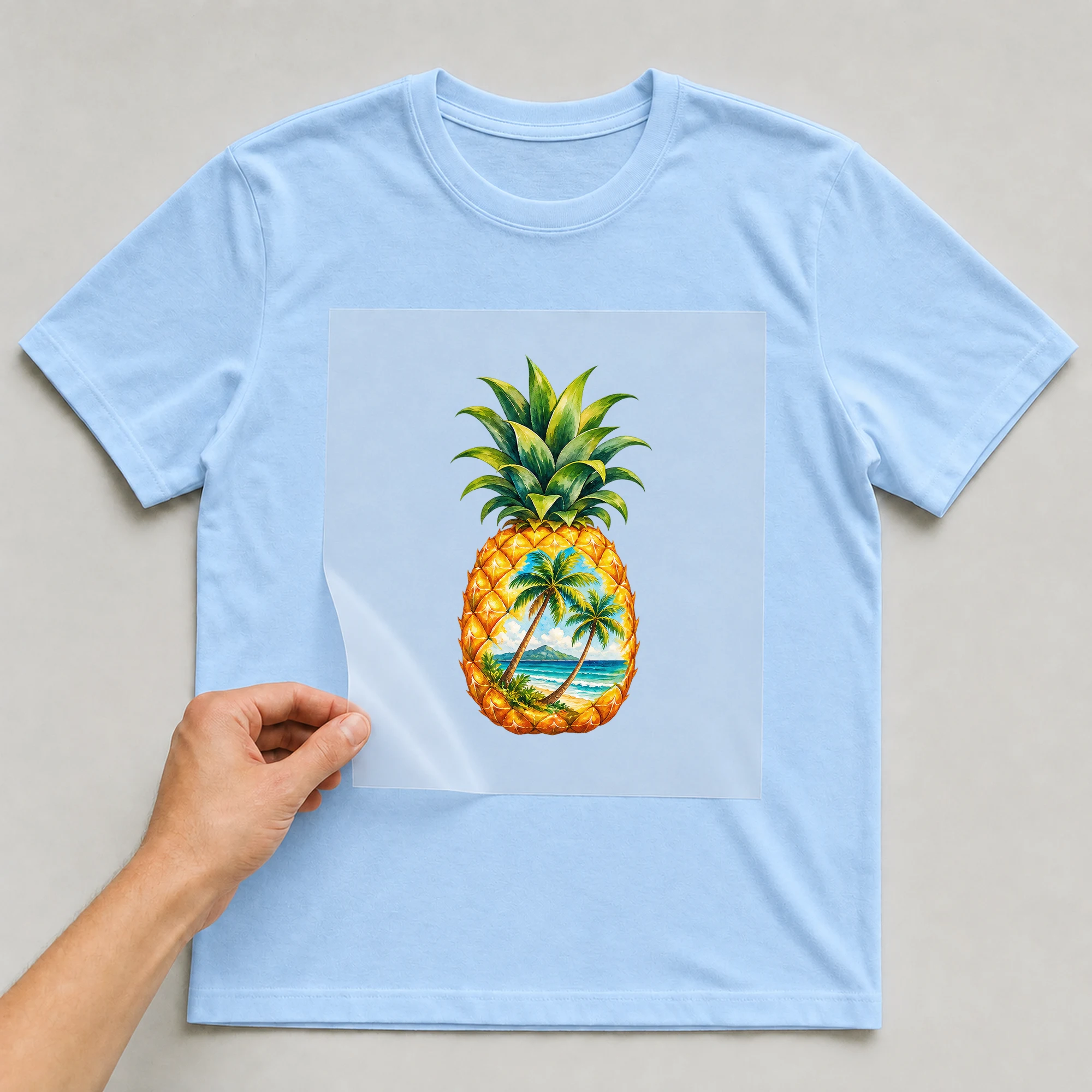 Bügelbild „Ananas Palmen“ auf babyblauem T-Shirt, Folie wird aufgelegt