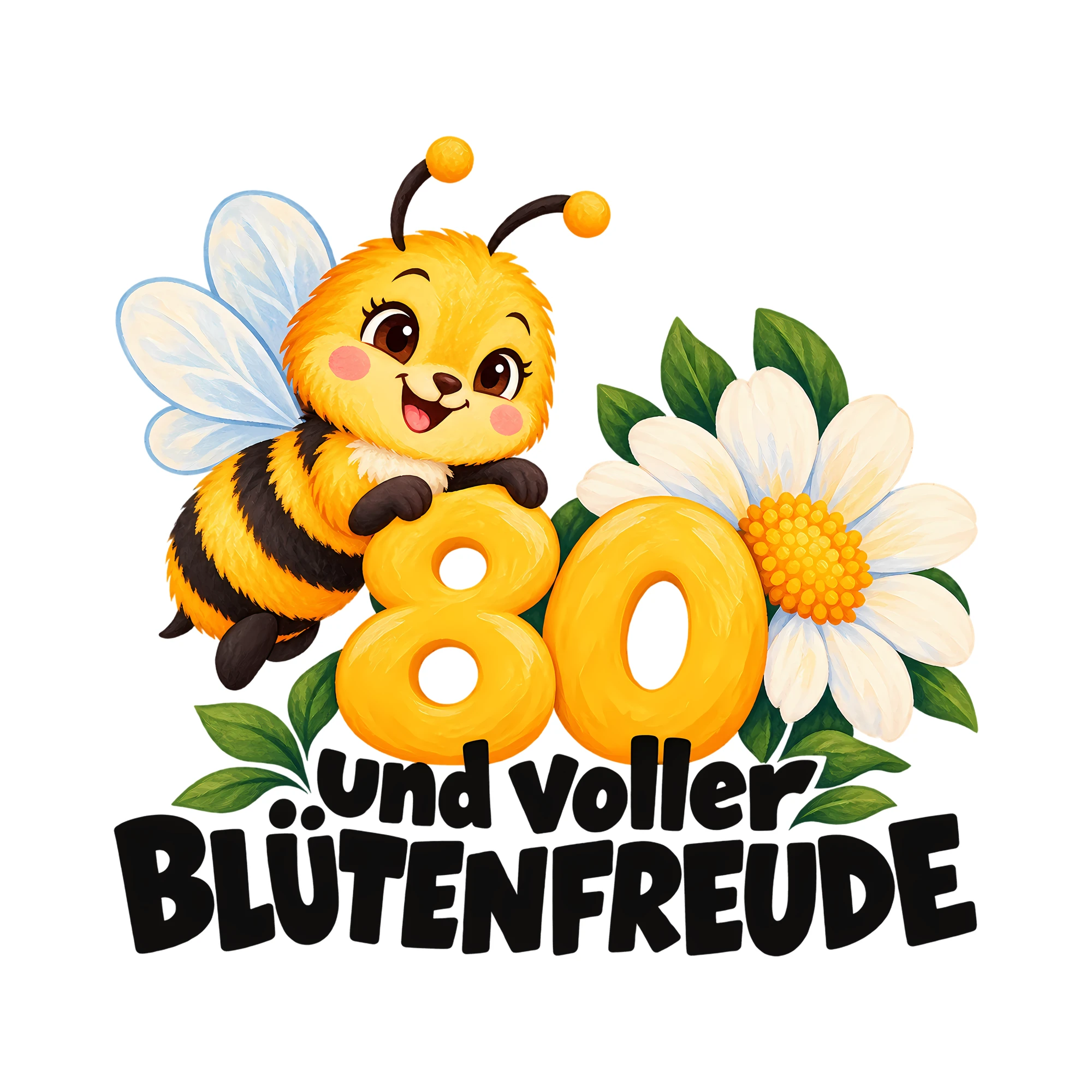 Bügelbild 80 und voller BLÜTENFREUDE als Grafik auf weißem Hintergrund (BB012582)