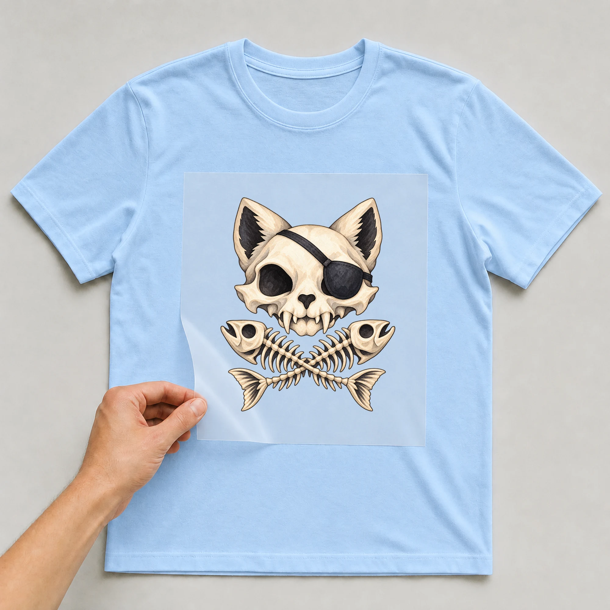 Bügelbild „Katzen Pirat Skelett“ auf babyblauem T-Shirt, Folie wird aufgelegt