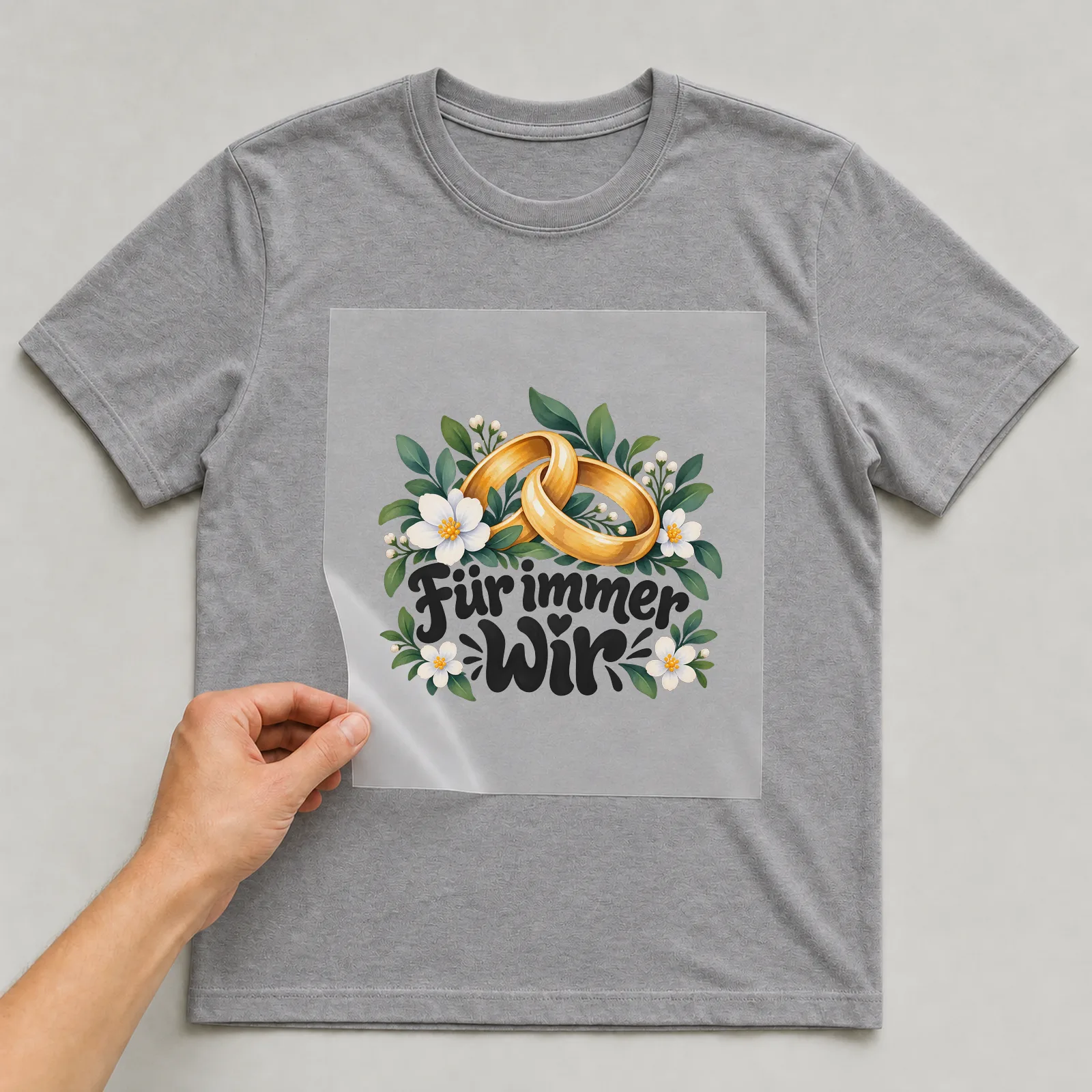 Bügelbild „Für immer wir“ auf grauem T-Shirt, Folie wird aufgelegt