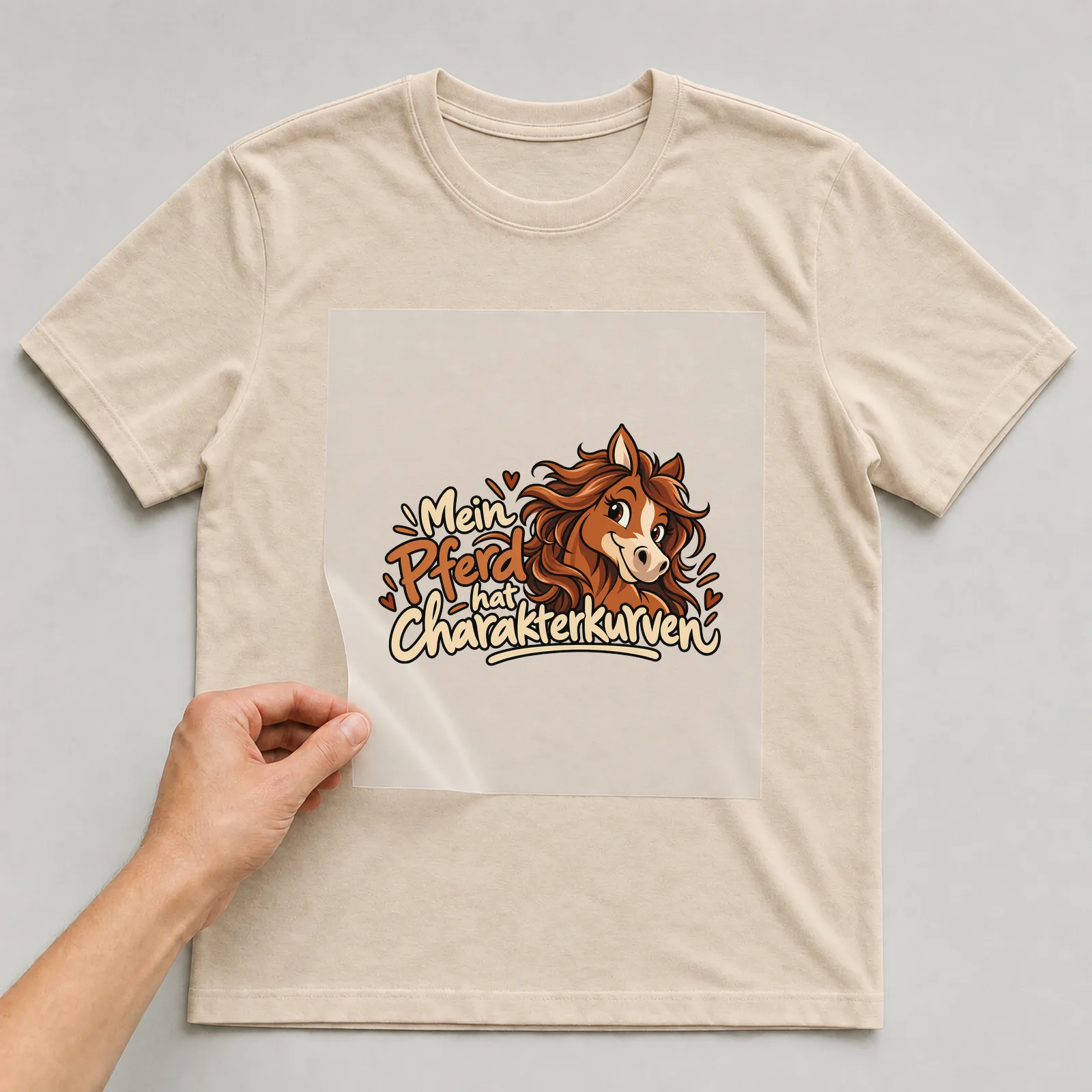 Bügelbild „Mein Pferd hat Charakterkurven“ auf beigem T-Shirt, Folie wird aufgelegt