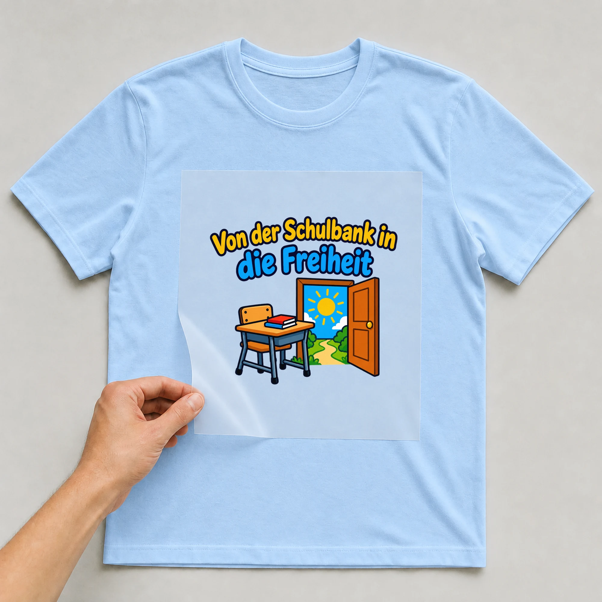Bügelbild „Von der Schulbank in die Freiheit“ auf babyblauem T-Shirt, Folie wird aufgelegt
