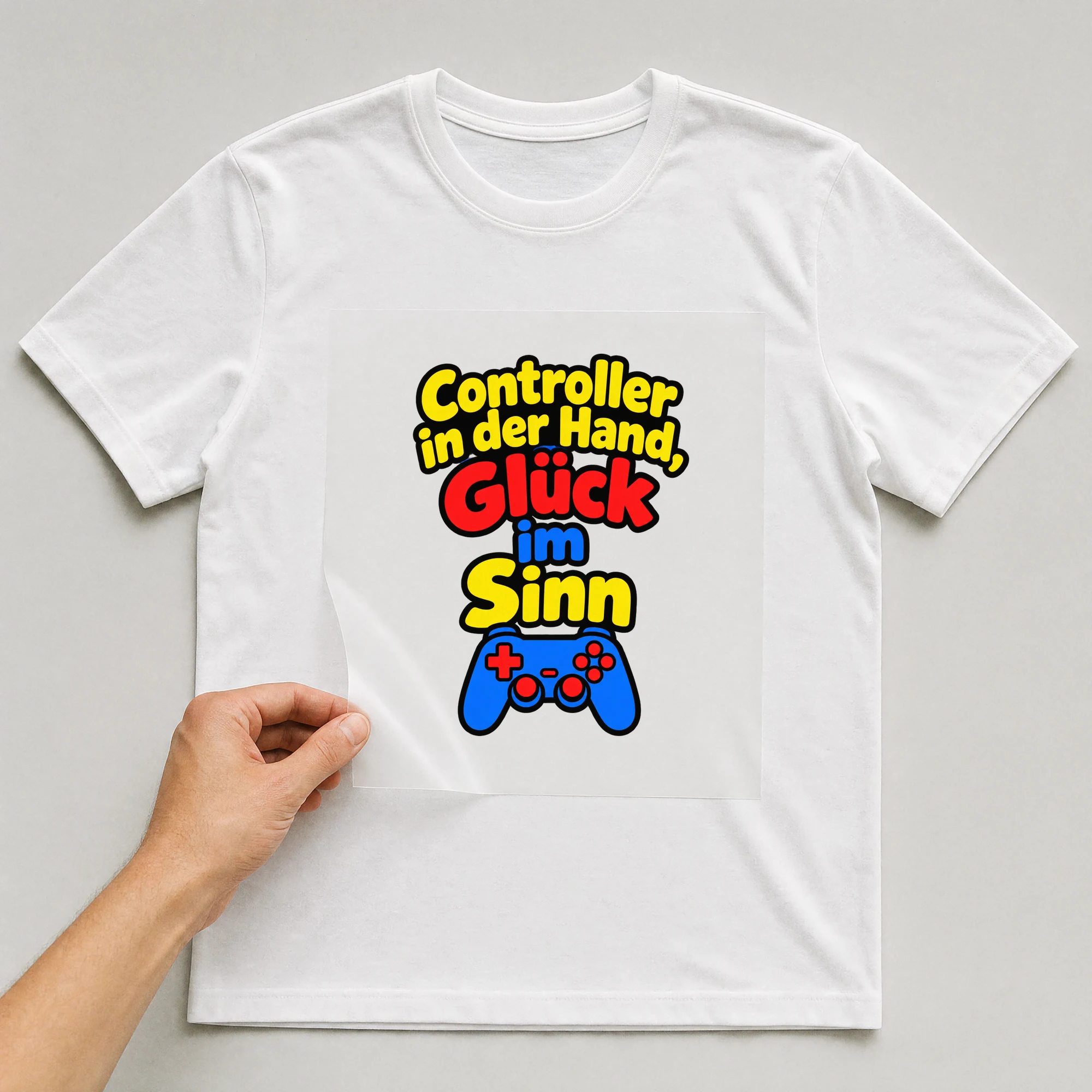 Bügelbild „Controller in der Hand, Glück im Sinn“ auf weißem T-Shirt, Folie wird aufgelegt