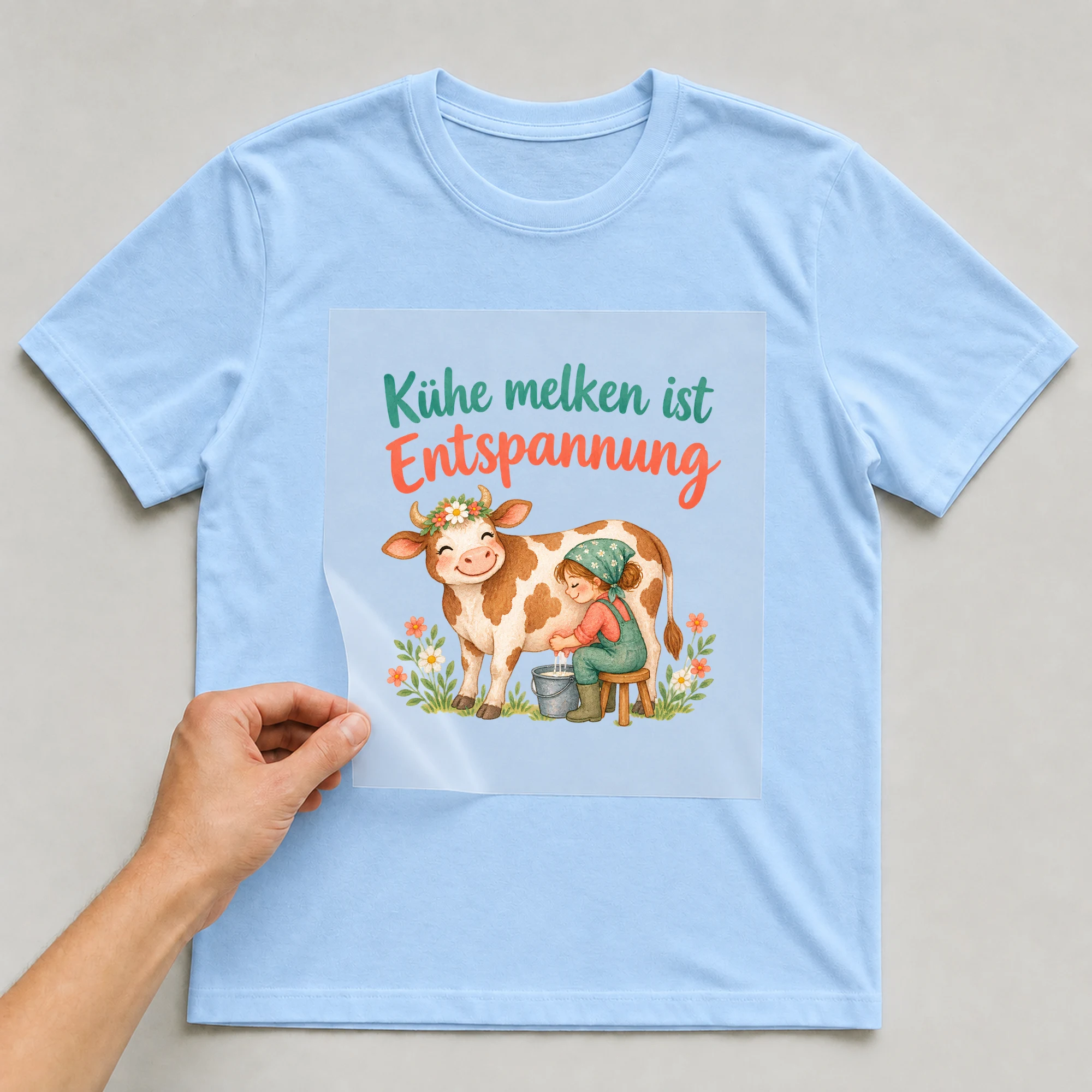 Bügelbild „Kühe melken ist Entspannung“ auf babyblauem T-Shirt, Folie wird aufgelegt