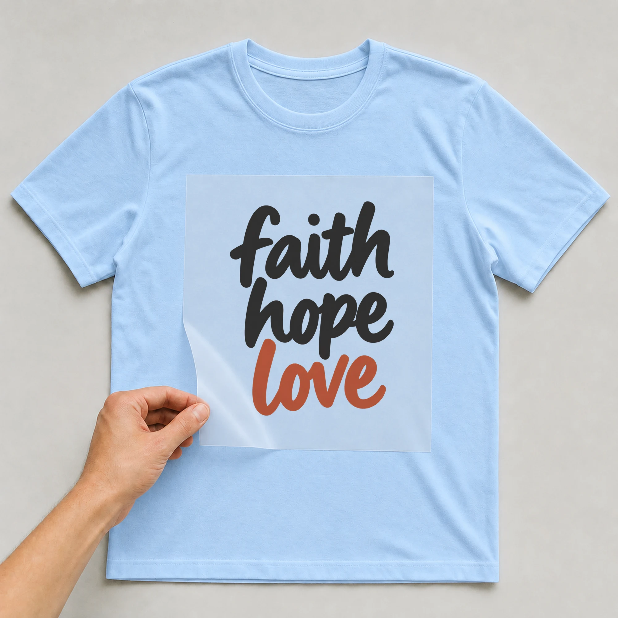 Bügelbild „faith hope love“ auf babyblauem T-Shirt, Folie wird aufgelegt