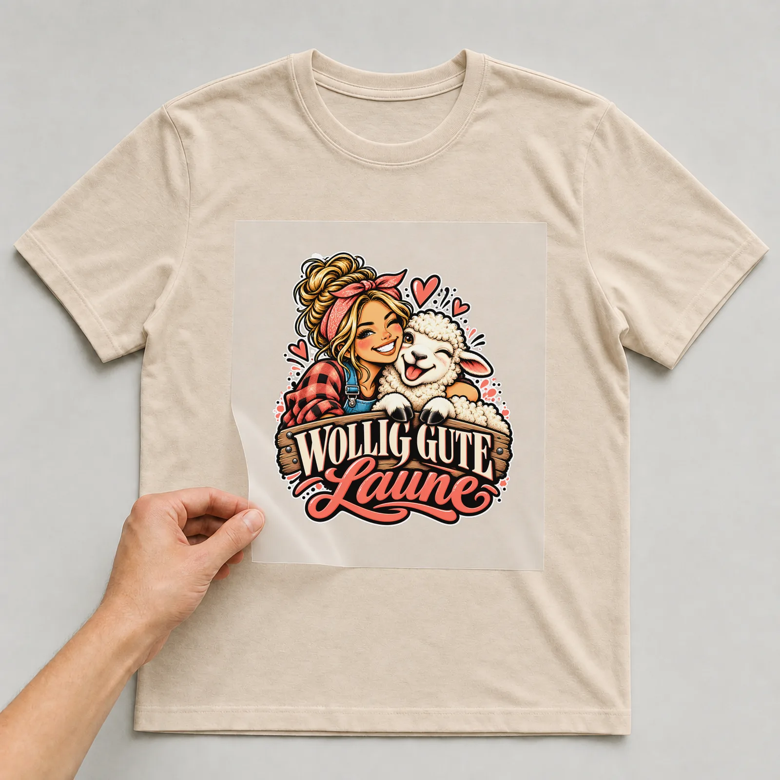 Bügelbild „Wollig gute Laune“ auf beigem T-Shirt, Folie wird aufgelegt