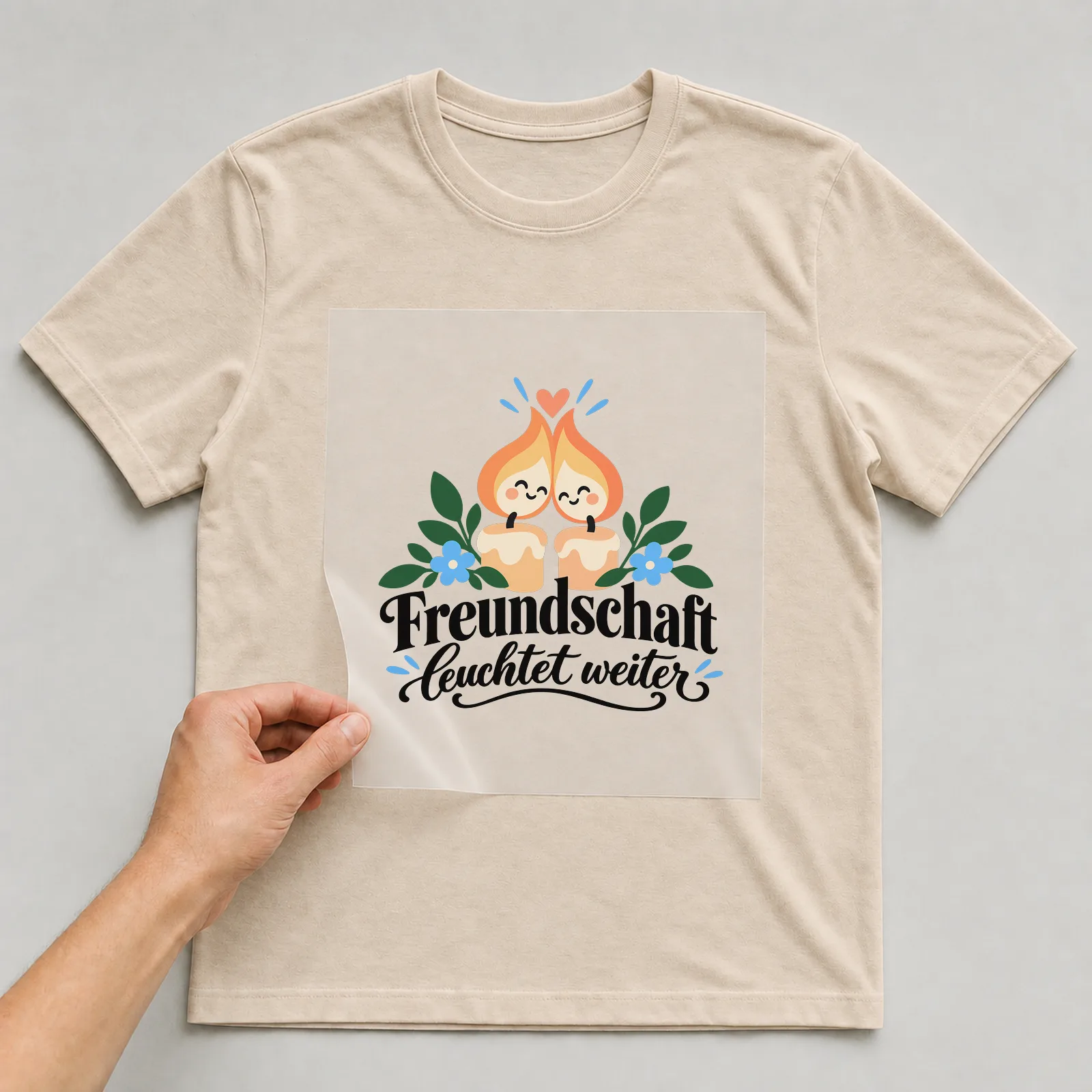Bügelbild „Freundschaft leuchtet weiter“ auf beigem T-Shirt, Folie wird aufgelegt