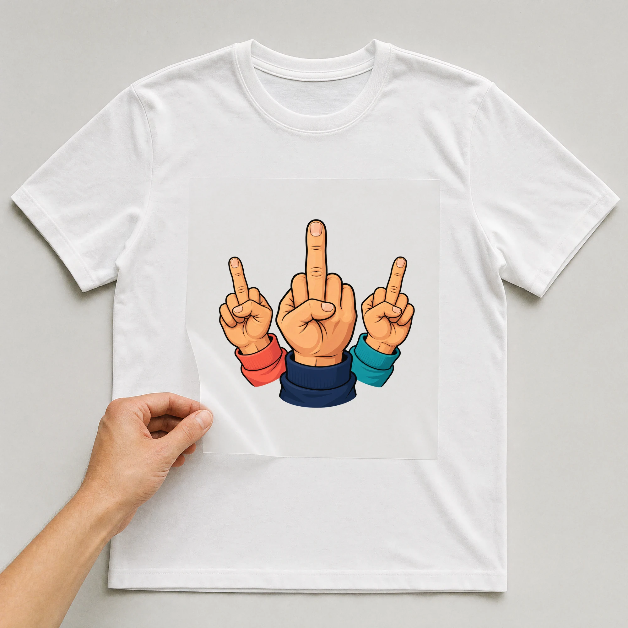 Bügelbild „Mittelfinger F**k Dich“ auf weißem T-Shirt, Folie wird aufgelegt