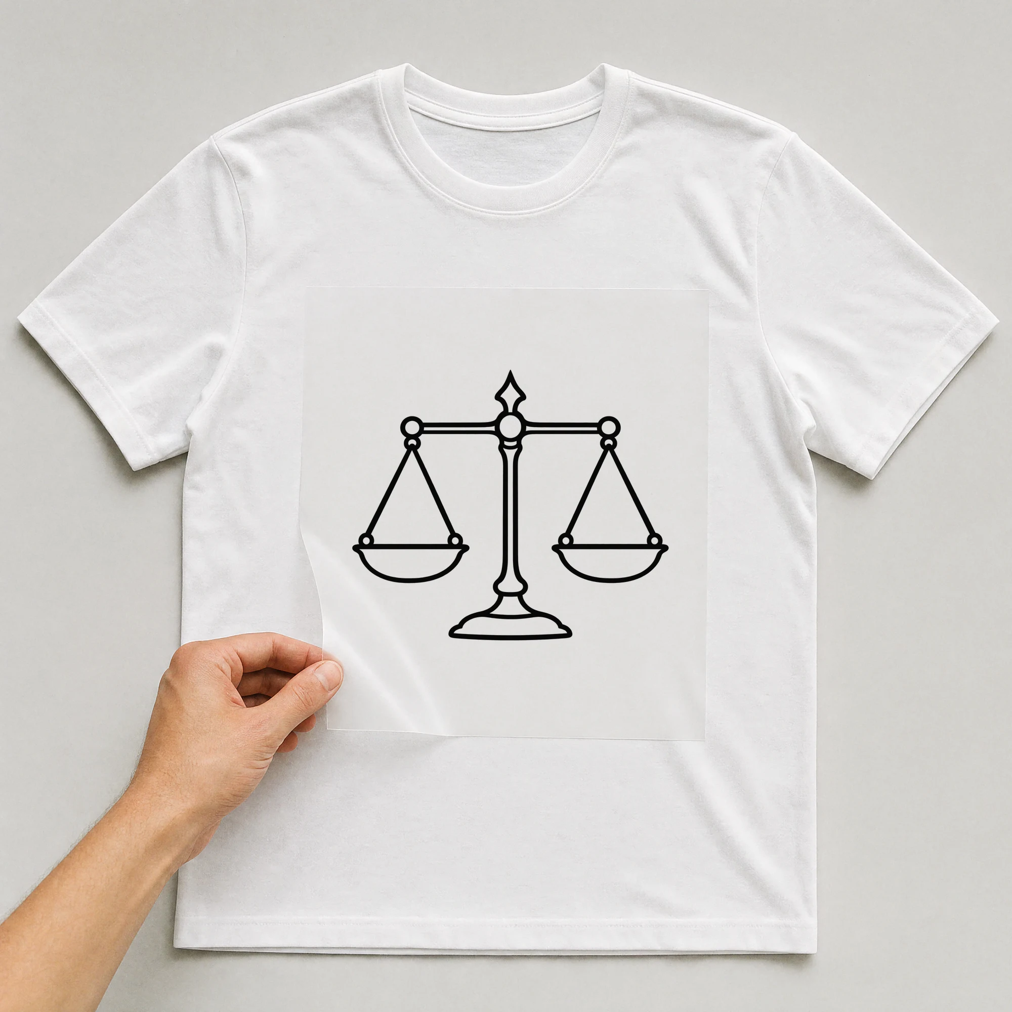 Bügelbild „Kritzel Stil Sternzeichen Waage“ auf weißem T-Shirt, Folie wird aufgelegt