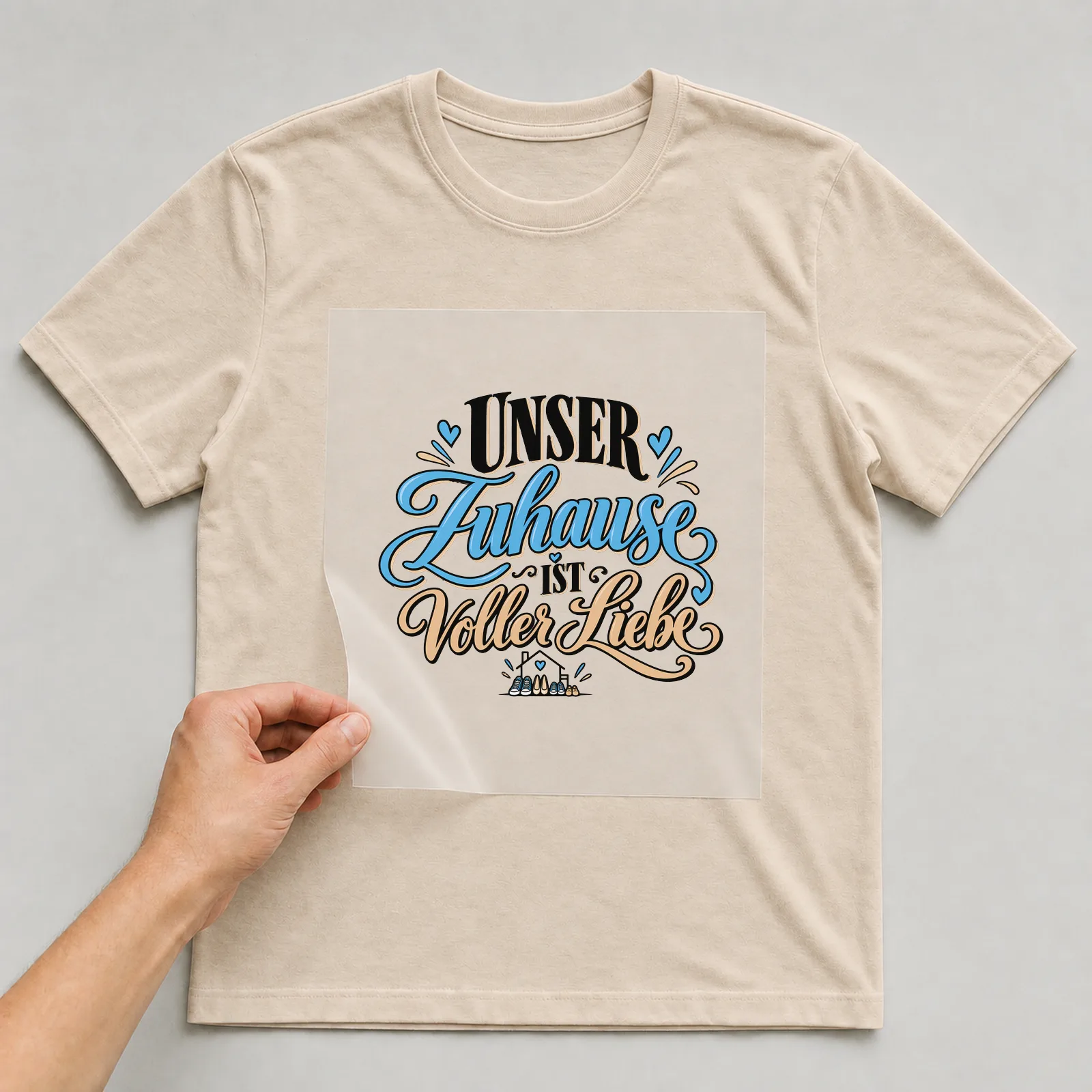 Bügelbild „Unser Zuhause ist voller Liebe“ auf beigem T-Shirt, Folie wird aufgelegt