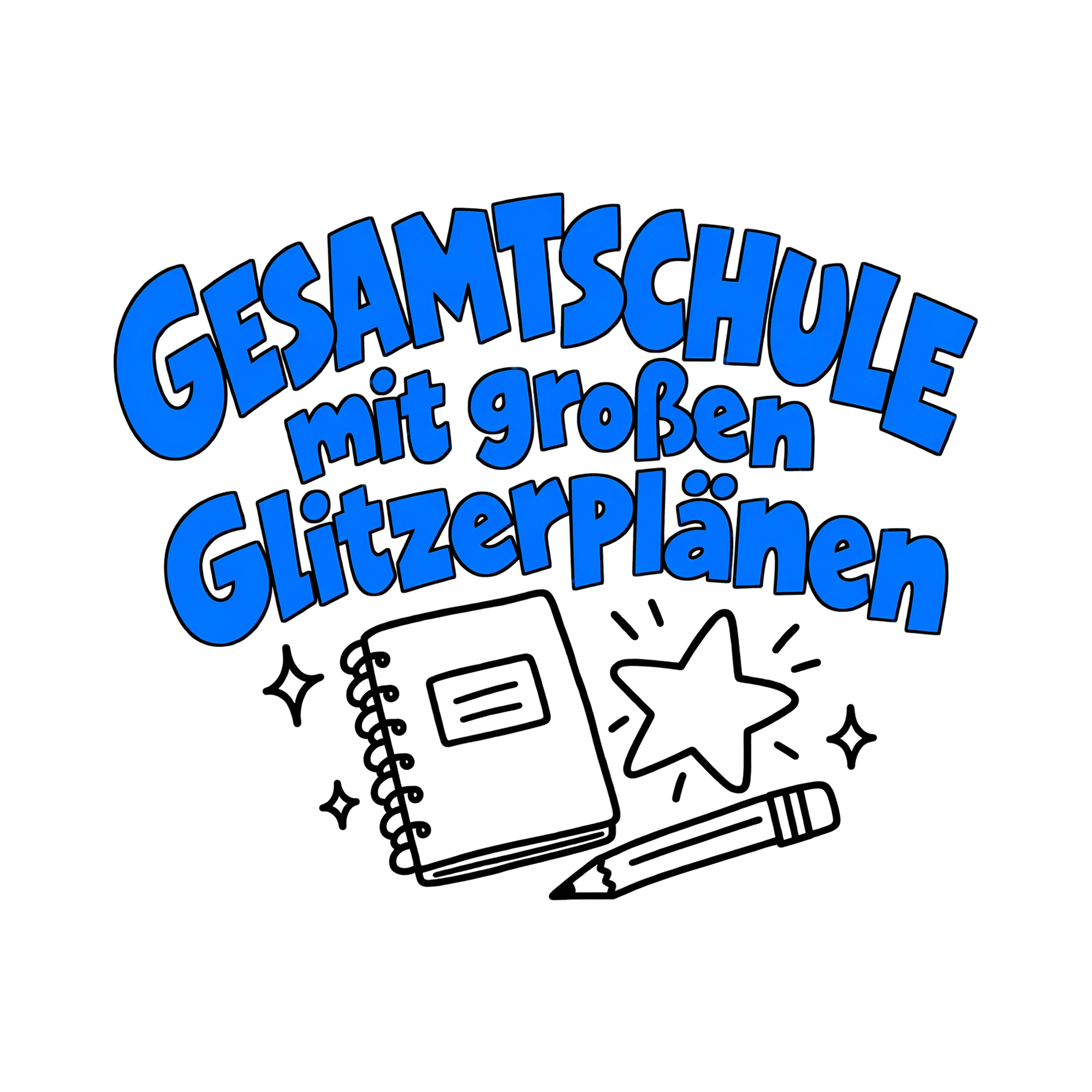Bügelbild Gesamtschule mit großen Glitzerplänen als Grafik auf weißem Hintergrund (BB011742)