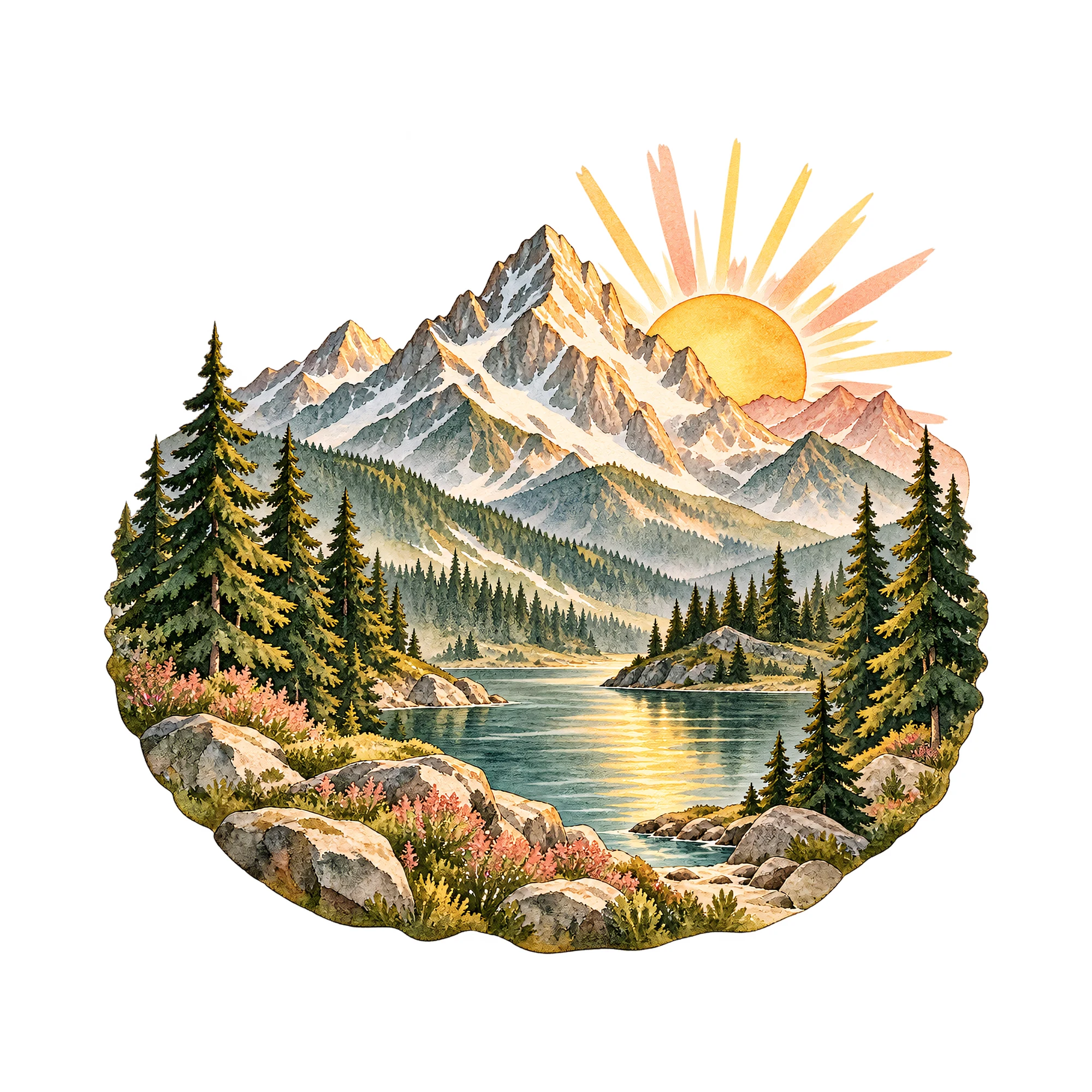 Bügelbild „Berge zum Wandern“, Natur Shirt Motiv als Grafik auf weißem Hintergrund (BB019089)
