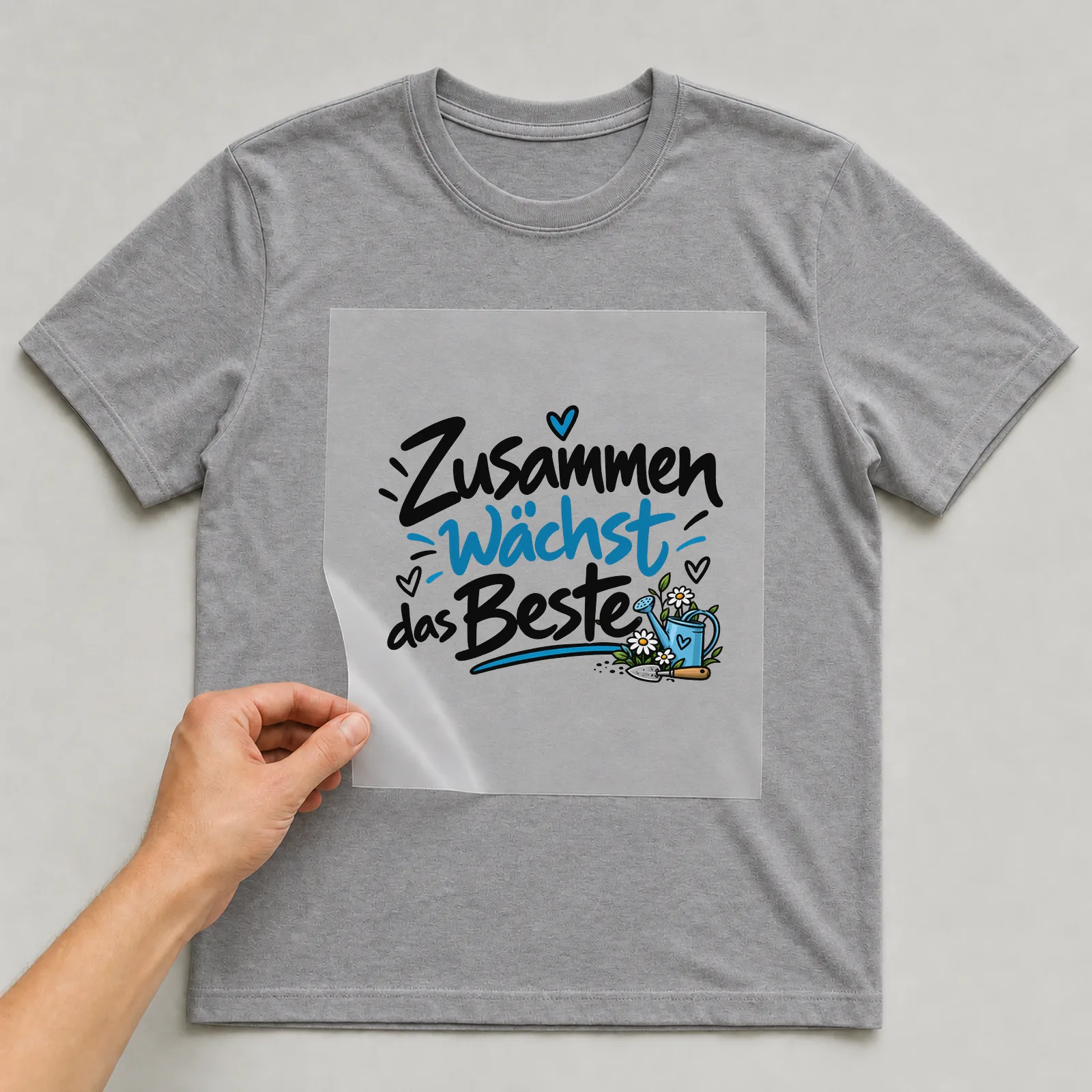 Bügelbild „Zusammen wächst das Beste“ auf grauem T-Shirt, Folie wird aufgelegt