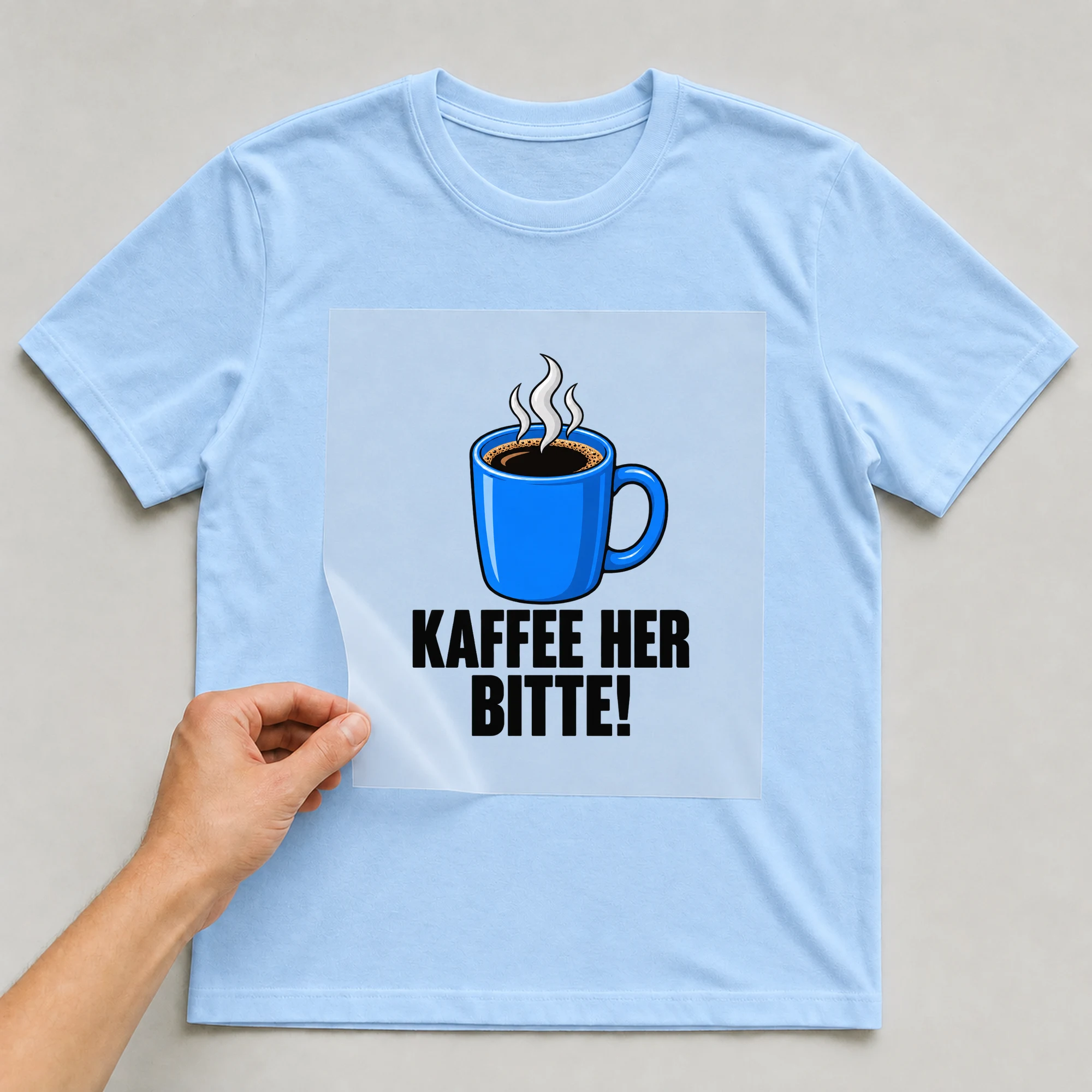 Bügelbild „Kaffee her, bitte!“ auf babyblauem T-Shirt, Folie wird aufgelegt