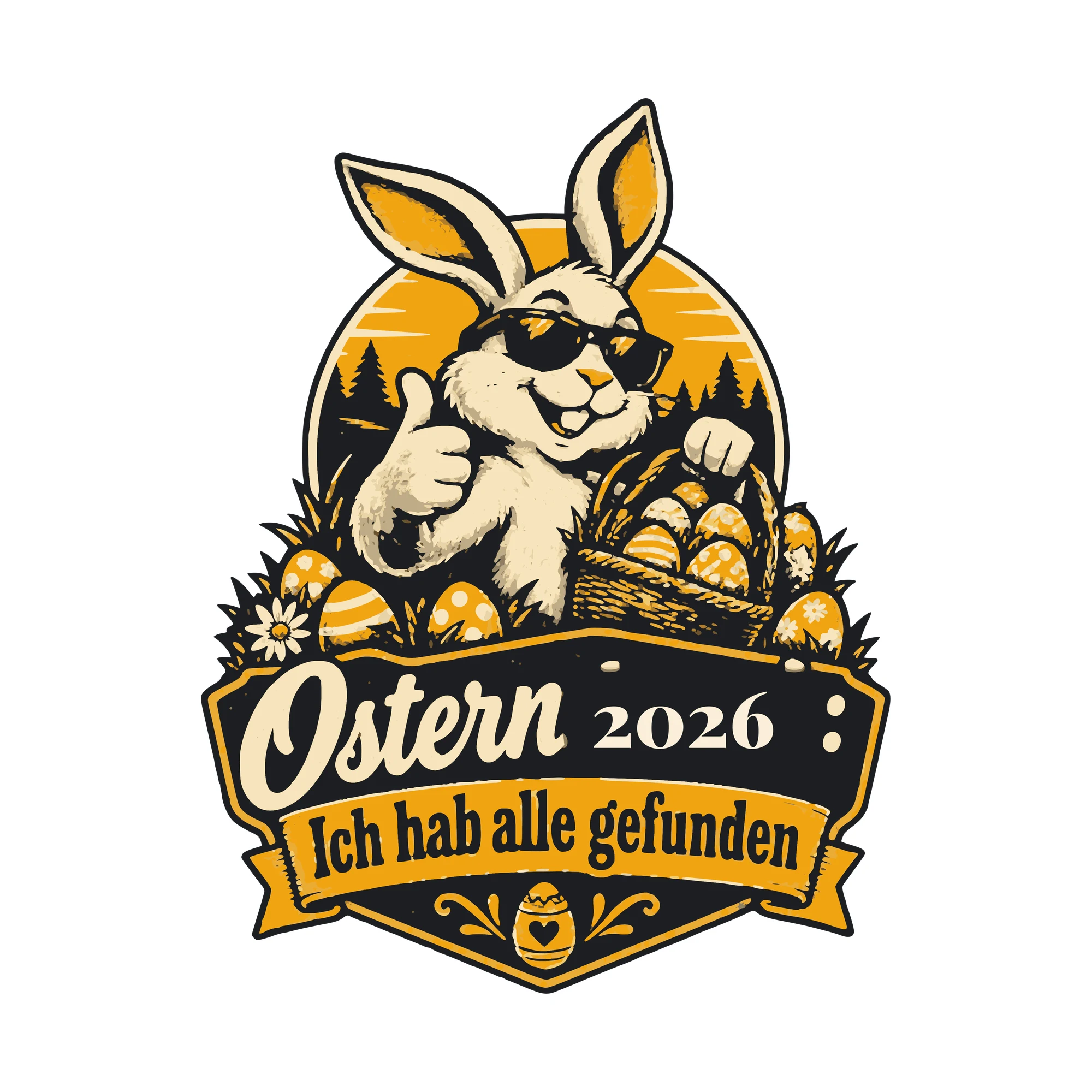 Bügelbild Ostern: Ich hab alle gefunden mit Jahr als Grafik auf weißem Hintergrund (BB011214)