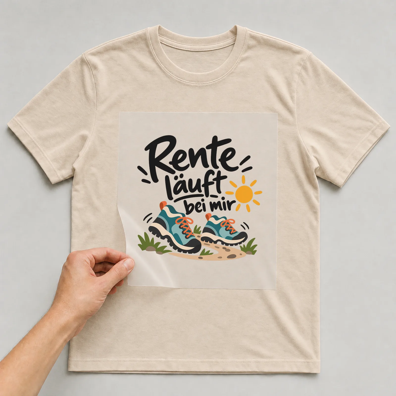 Bügelbild „Rente läuft bei mir“ auf beigem T-Shirt, Folie wird aufgelegt