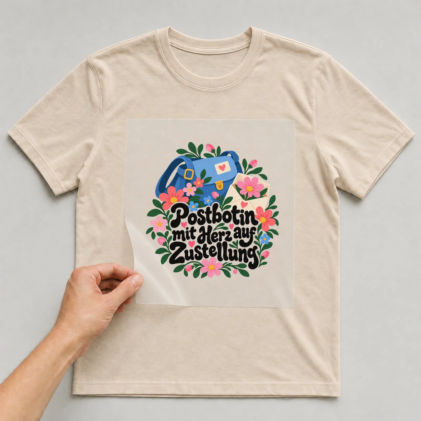 Bügelbild „Postbotin mit Herz auf Zustellung“ auf beigem T-Shirt, Folie wird aufgelegt