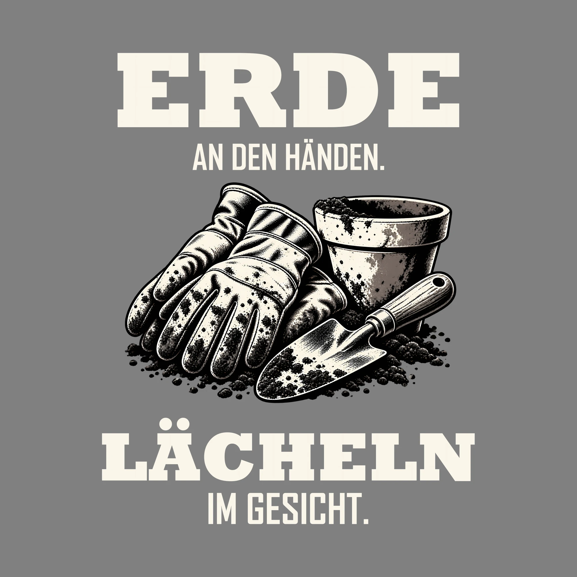 Bügelbild ERDE AN DEN HÄNDEN. LÄCHELN IM GESICHT. als Grafik auf dunklem Hintergrund (BB013177)