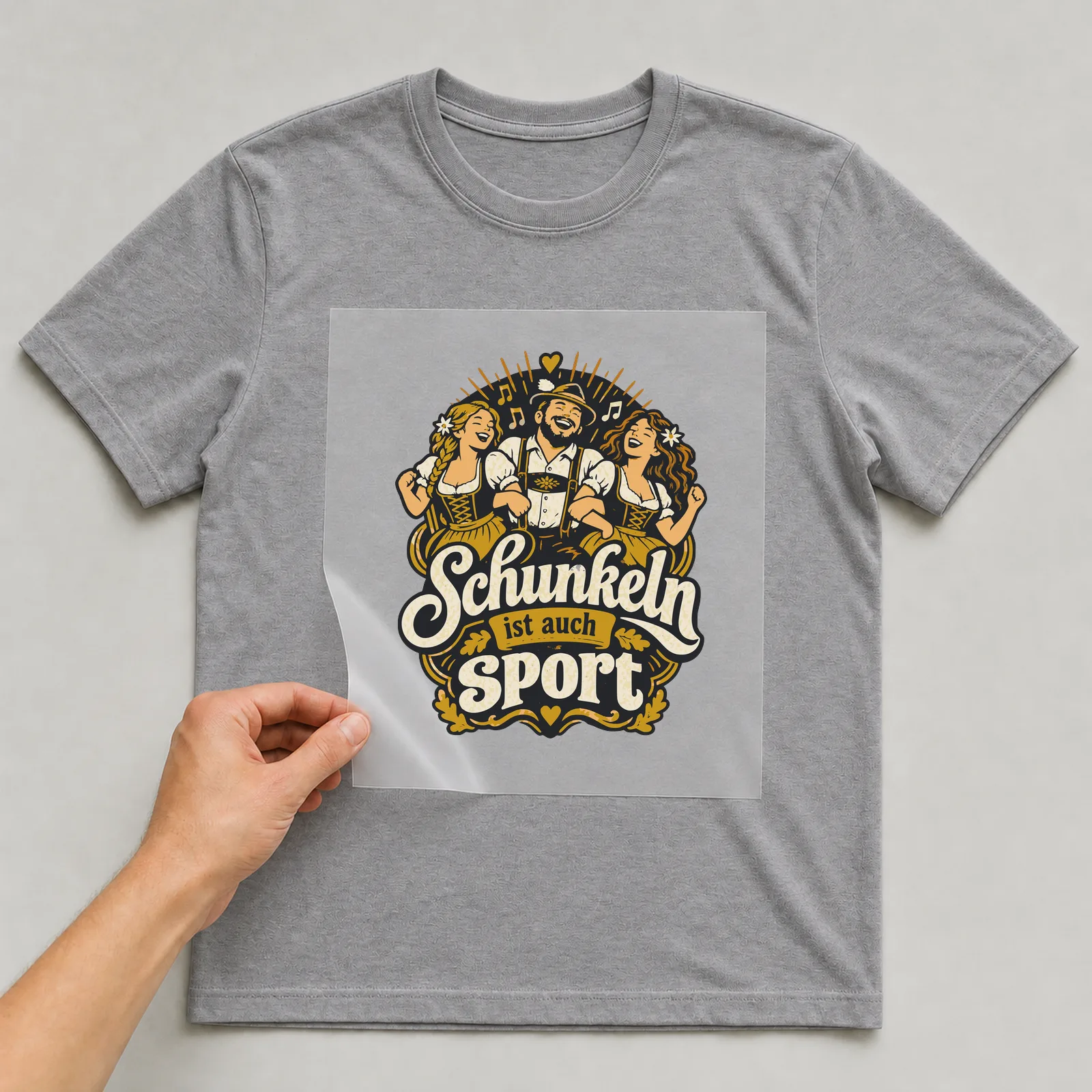 Bügelbild Schunkeln ist auch Sport auf grauem T-Shirt, Folie wird aufgelegt