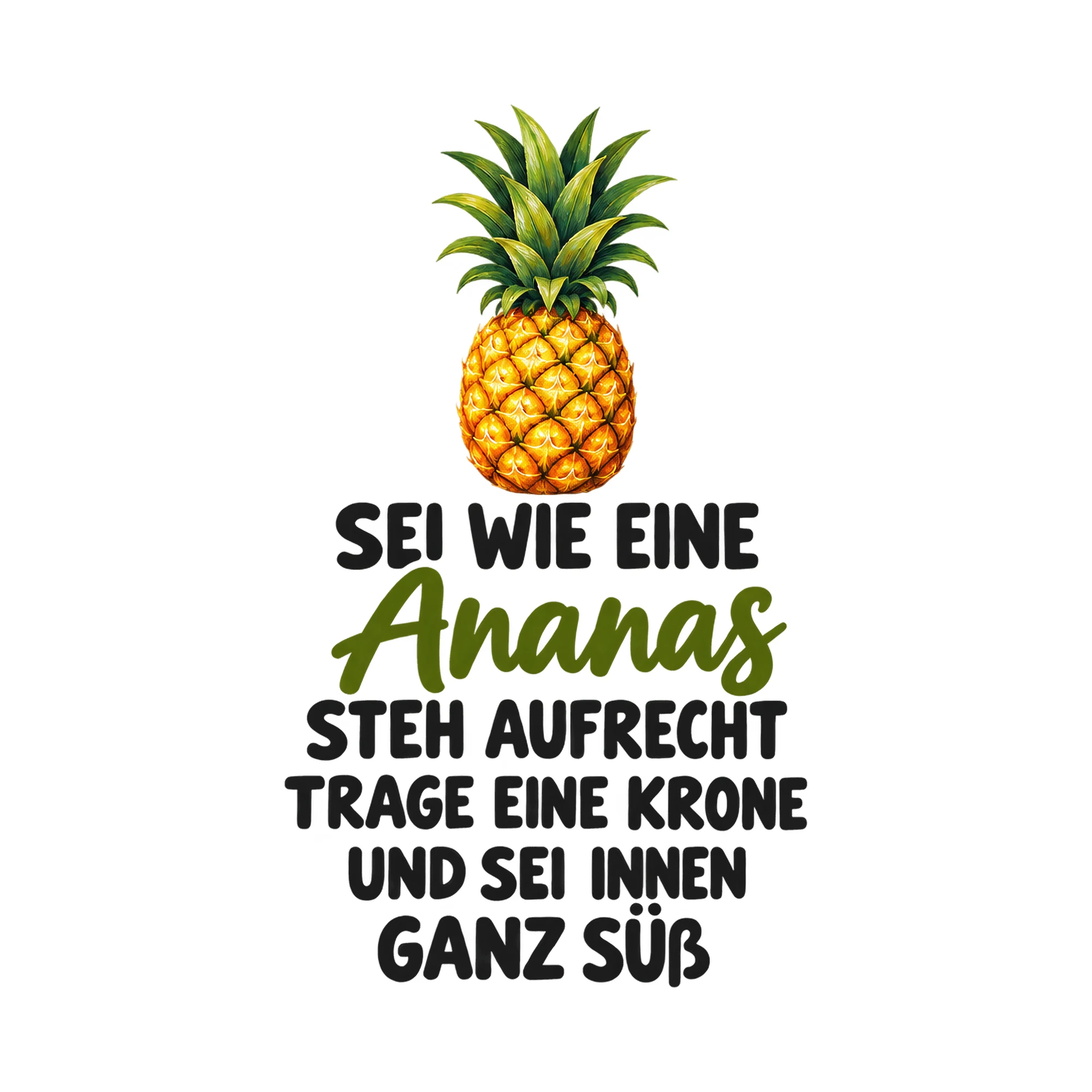 Bügelbild Sei wie eine Ananas steh aufrecht trage eine Krone und SEI innen ganz süß als Grafik auf weißem Hintergrund (BB018155)