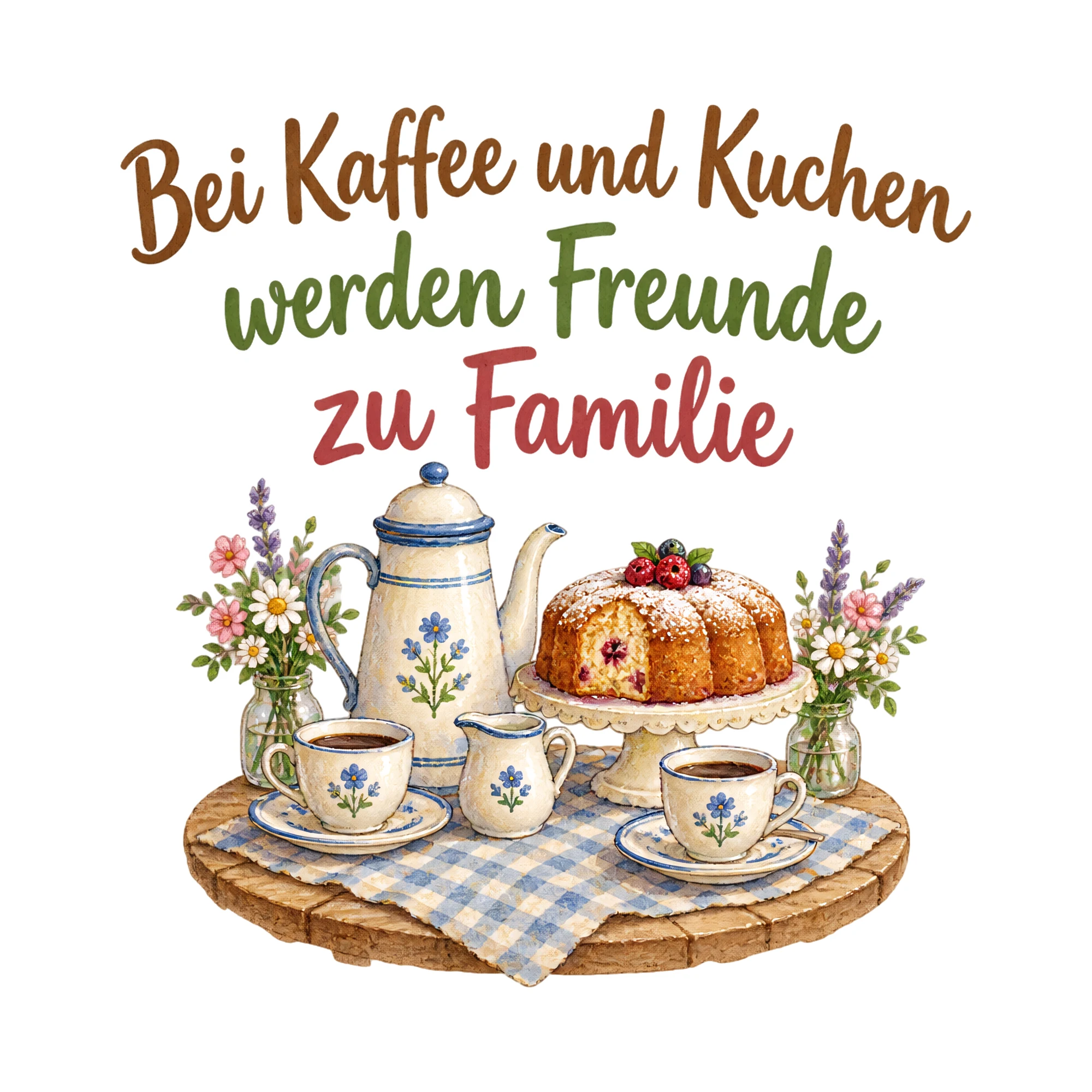 Bügelbild Bei Kaffee und Kuchen werden Freunde zu Familie als Grafik auf weißem Hintergrund (BB019626)