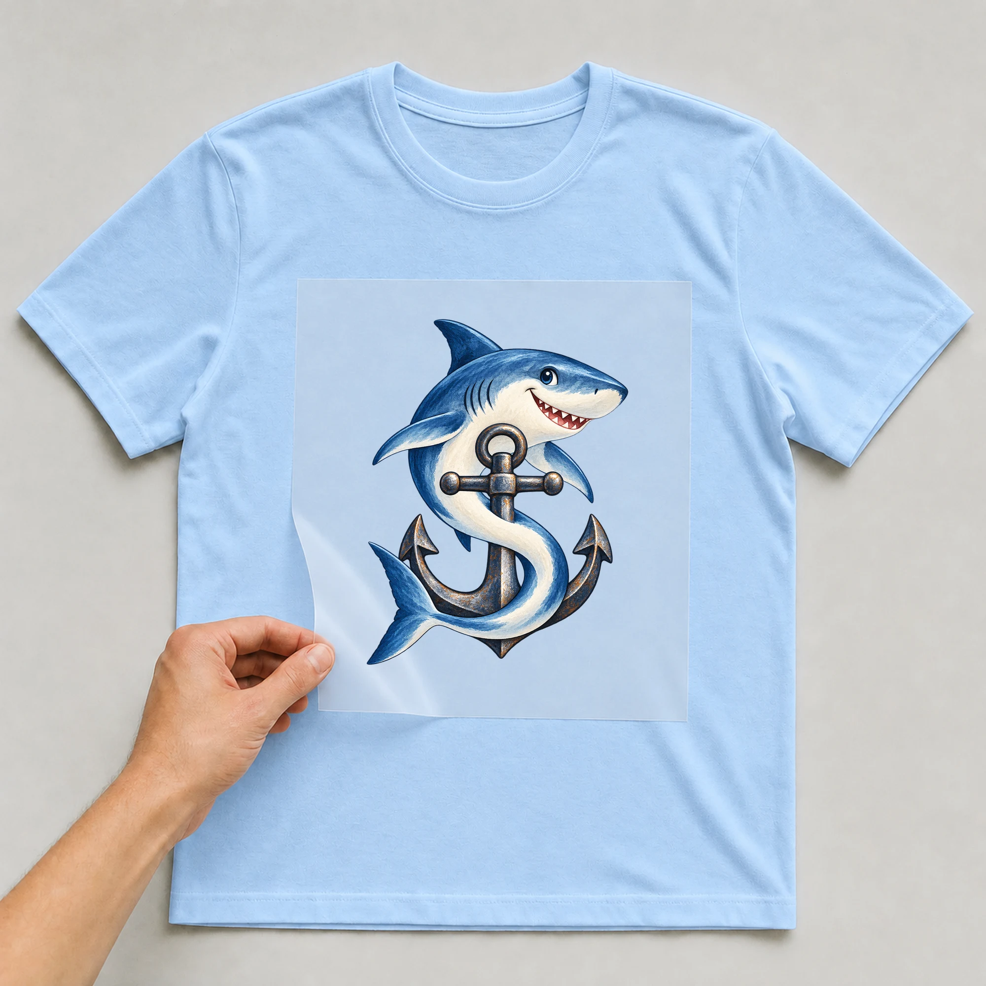 Bügelbild „Shark and Anchor“ auf babyblauem T-Shirt, Folie wird aufgelegt