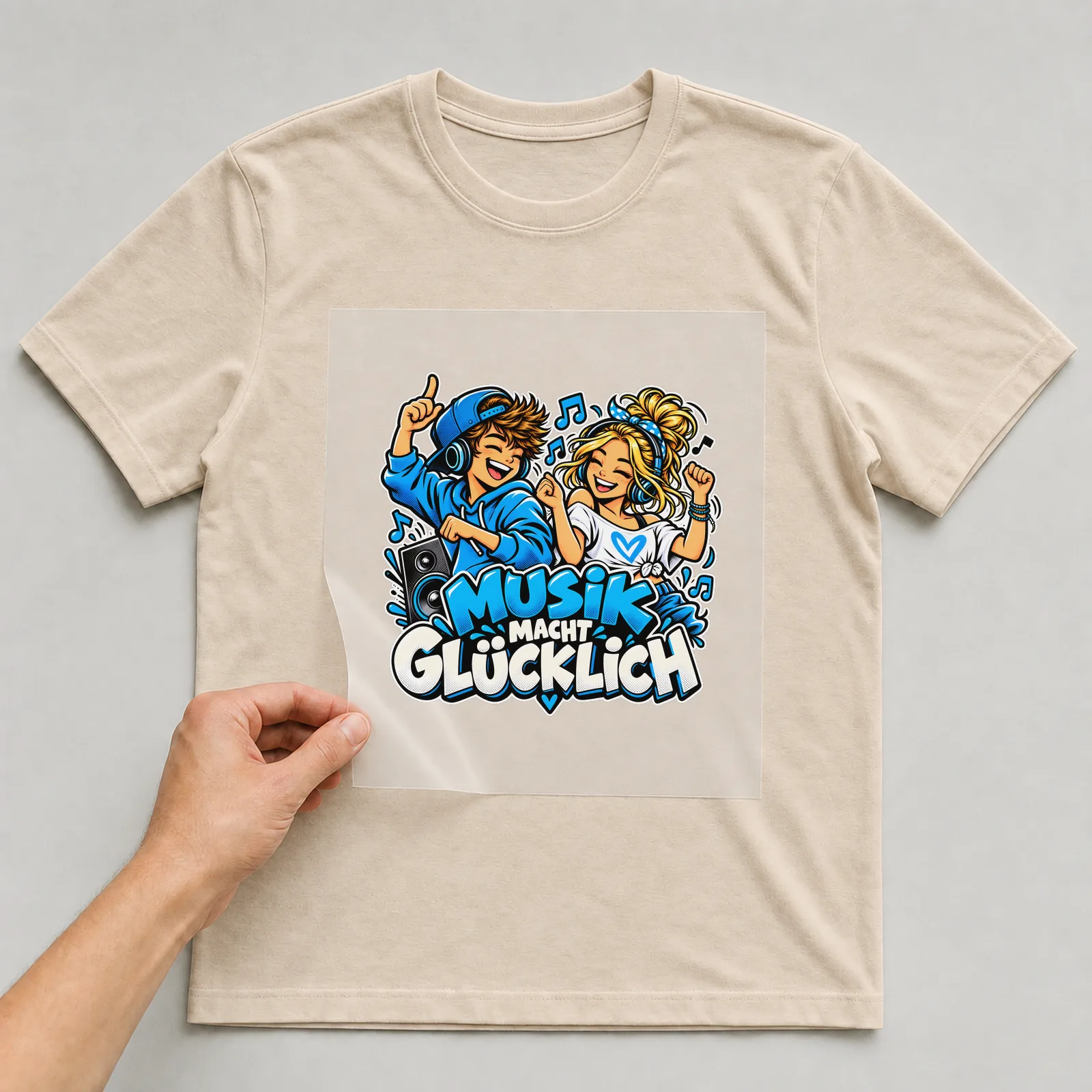 Bügelbild „Musik macht glücklich“ auf beigem T-Shirt, Folie wird aufgelegt