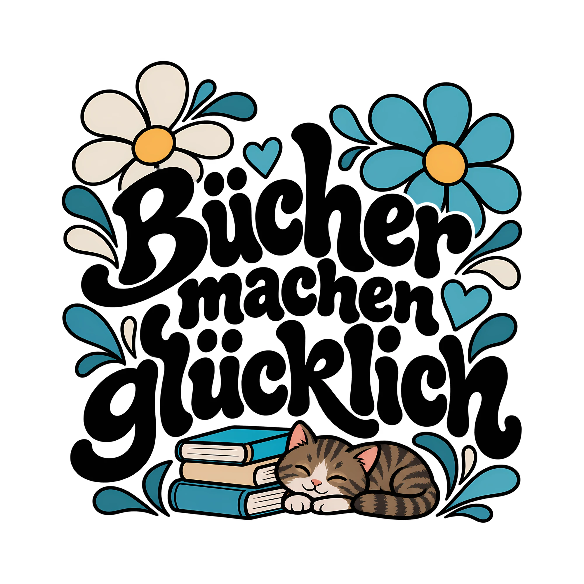Bügelbild Bücher machen glücklich als Grafik auf weißem Hintergrund (BB012886)