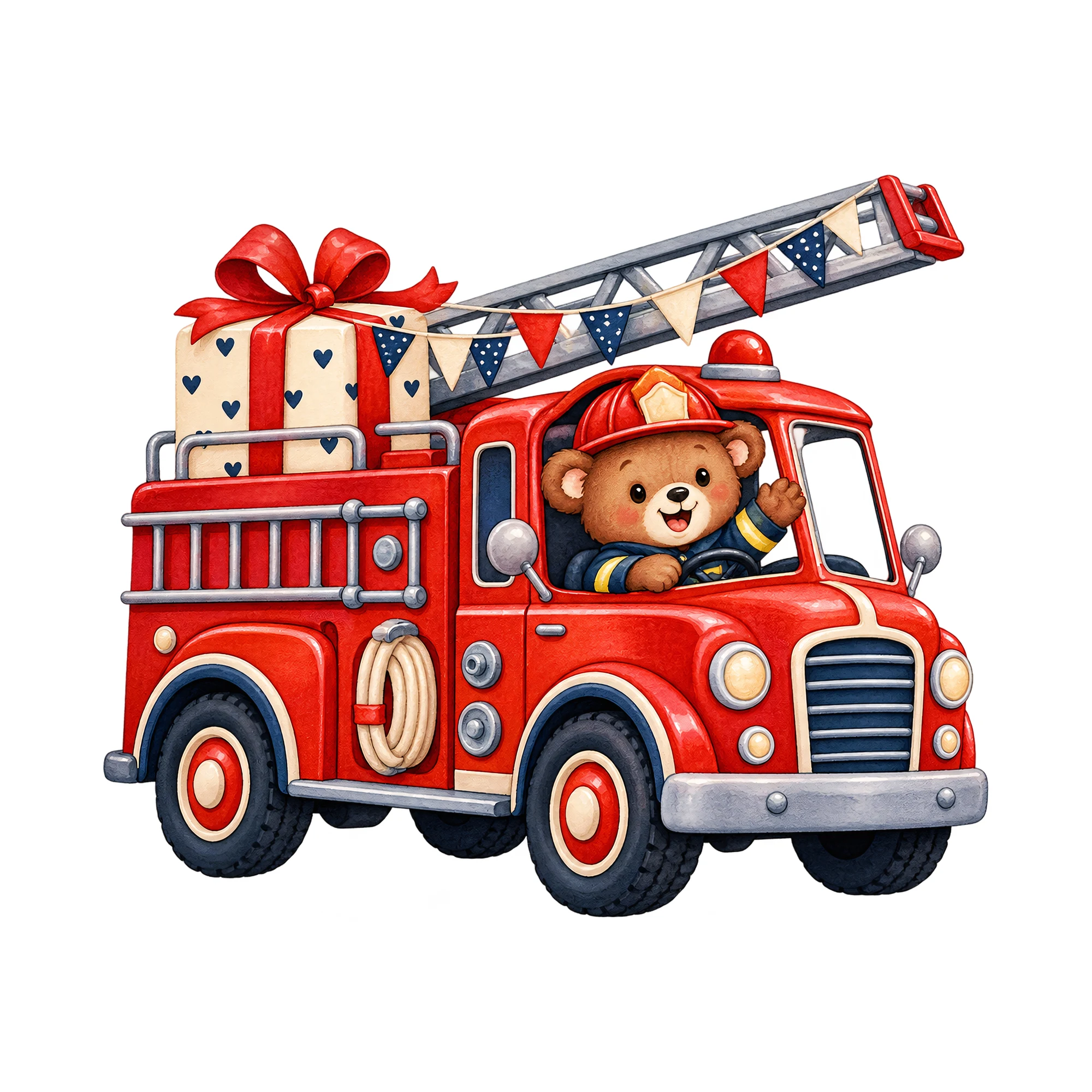 Bügelbild „Feuerwehr zur Party“, Kinder Shirt Motiv als Grafik auf weißem Hintergrund (BB019011)