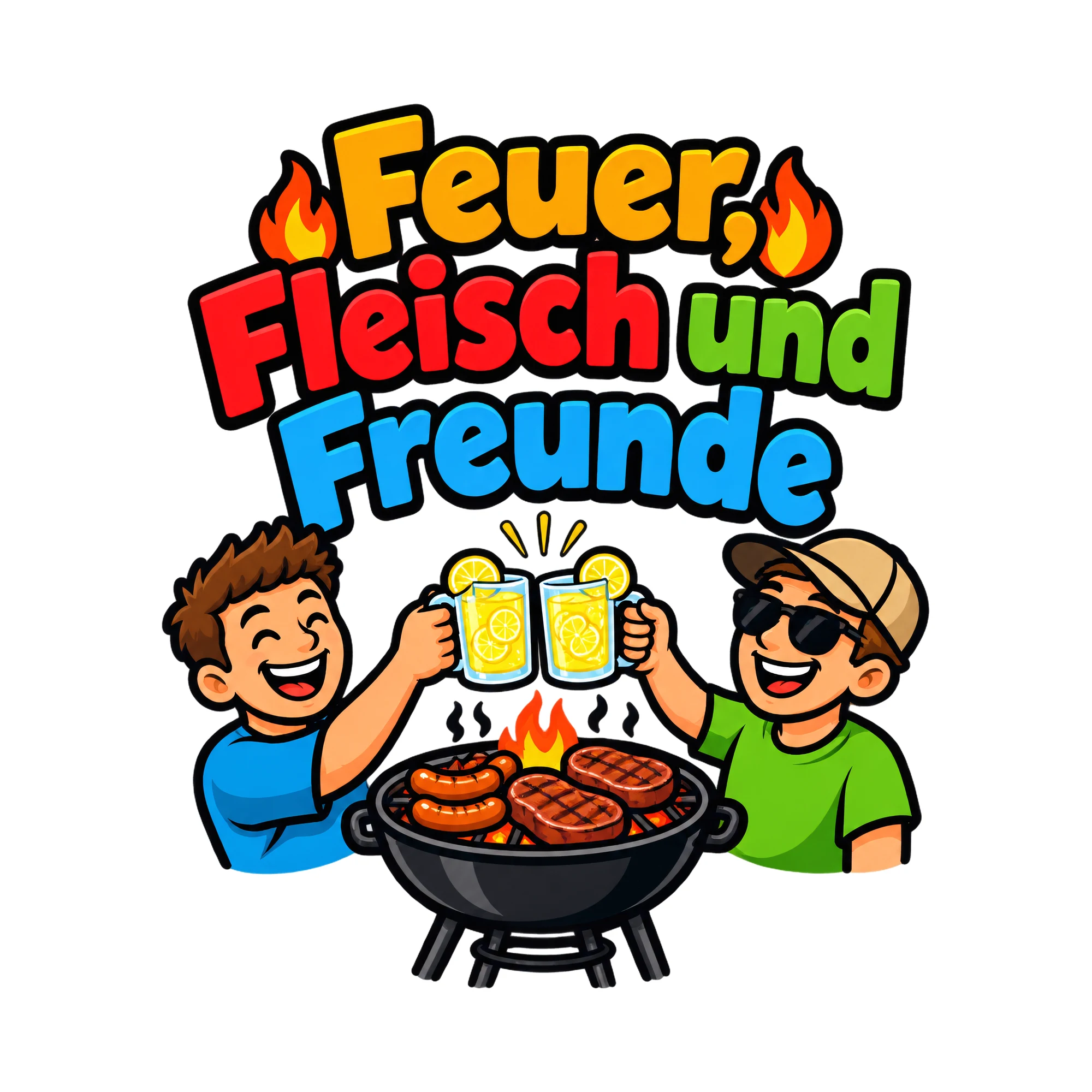 Bügelbild Feuer, Fleisch und Freunde, Küchen Spruch Bügelbild als Grafik auf weißem Hintergrund (BB016503)