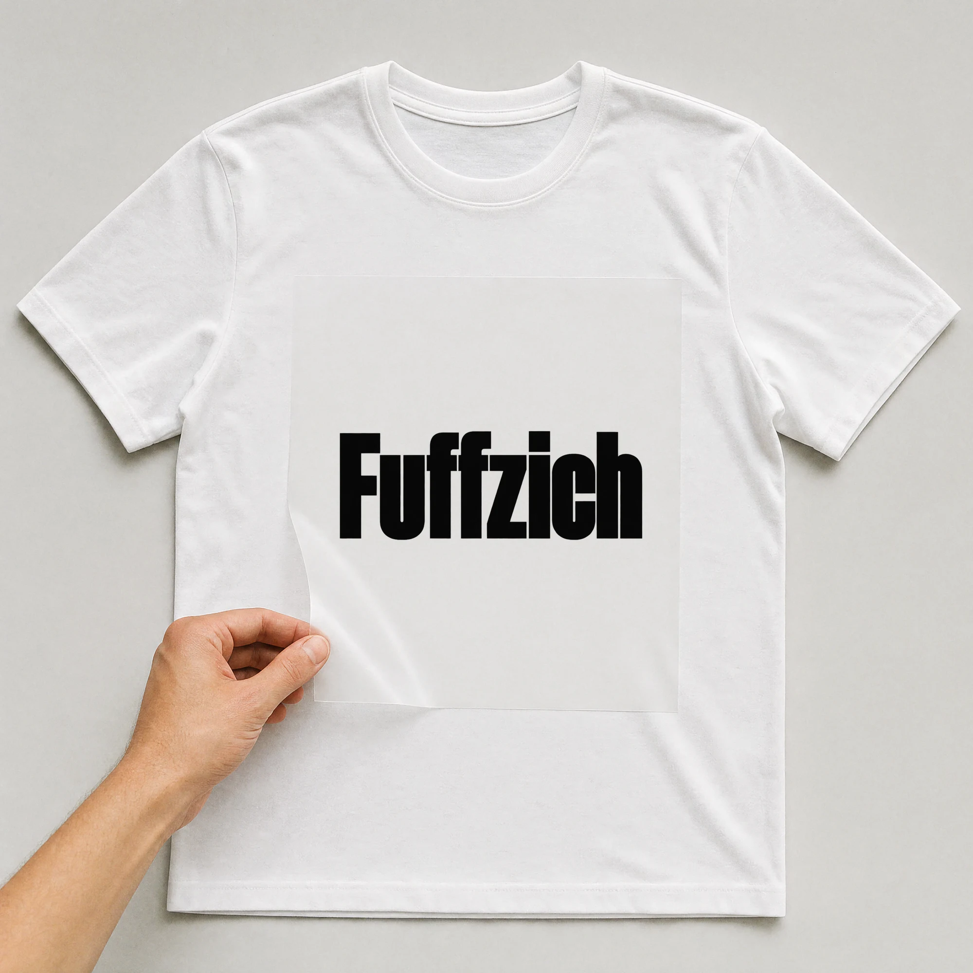 Bügelbild „Fuffzich“ auf weißem T-Shirt, Folie wird aufgelegt