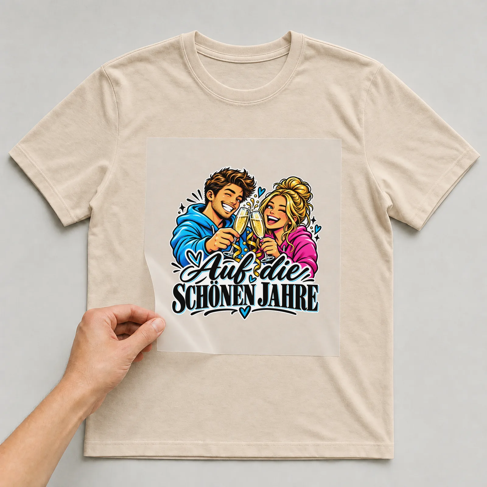 Bügelbild „Auf die schönen Jahre“ auf beigem T-Shirt, Folie wird aufgelegt