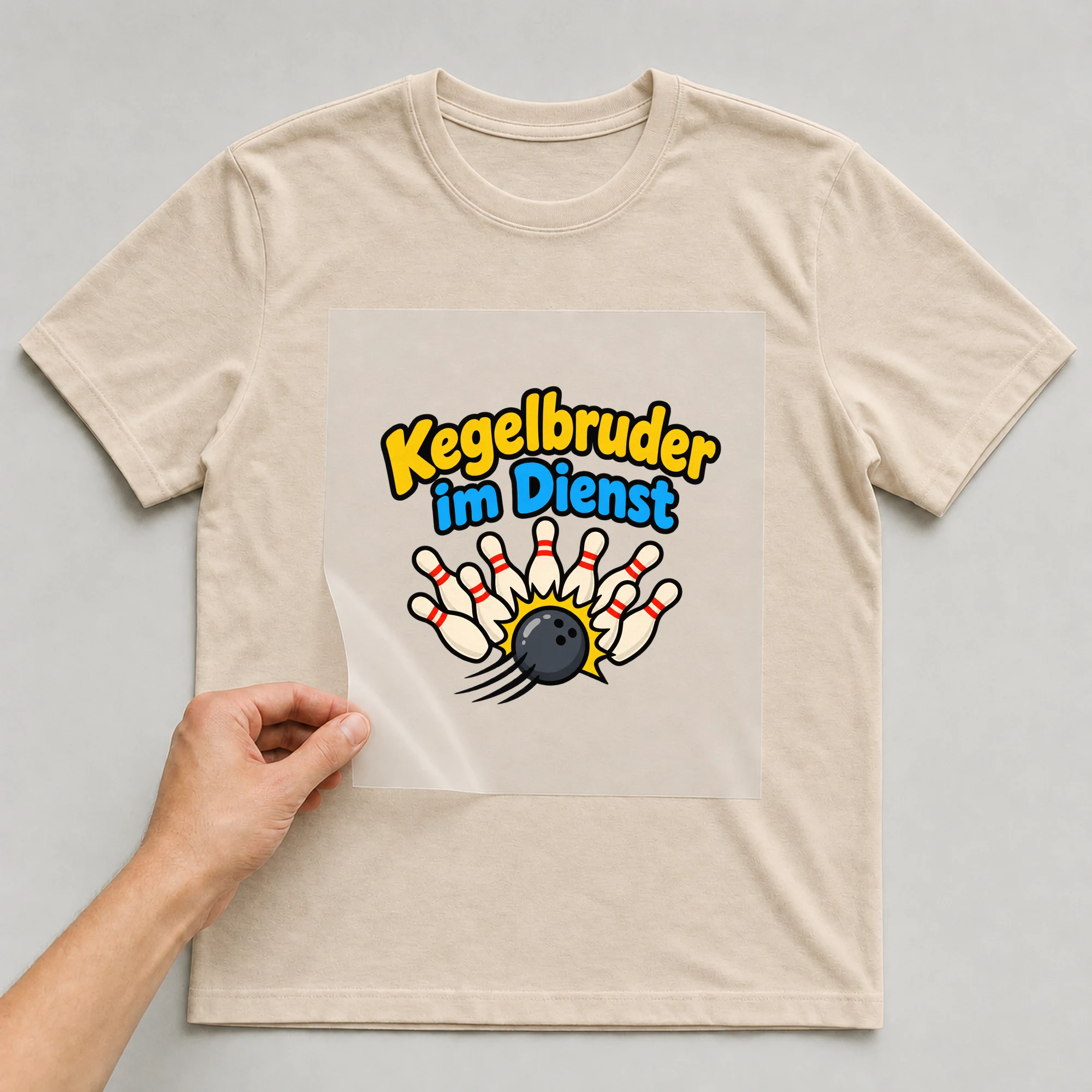 Bügelbild „Kegelbruder im Dienst“ auf beigem T-Shirt, Folie wird aufgelegt