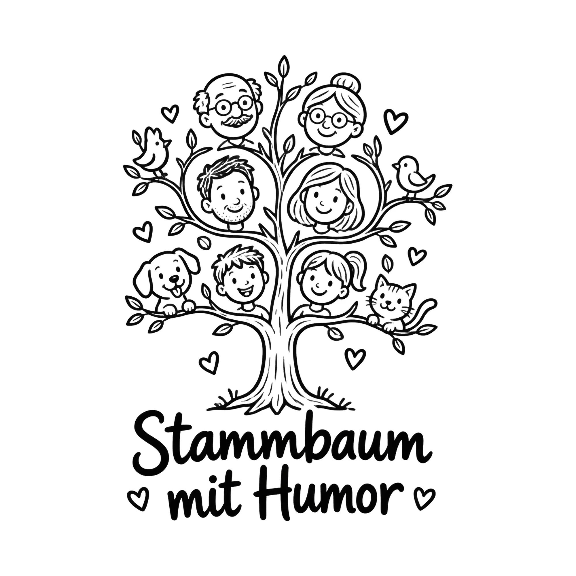 Bügelbild Stammbaum mit Humor als Grafik auf weißem Hintergrund (BB020789)