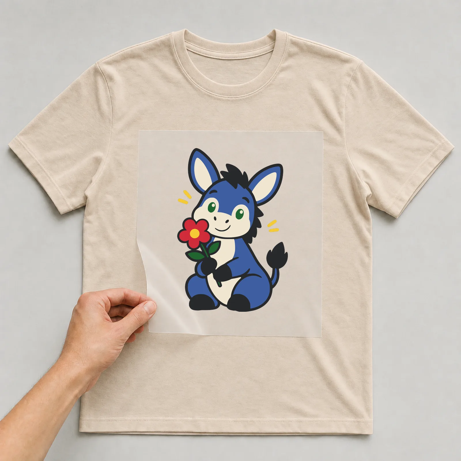 Bügelbild Esel im Comic-Stil auf beigem T-Shirt, Folie wird aufgelegt