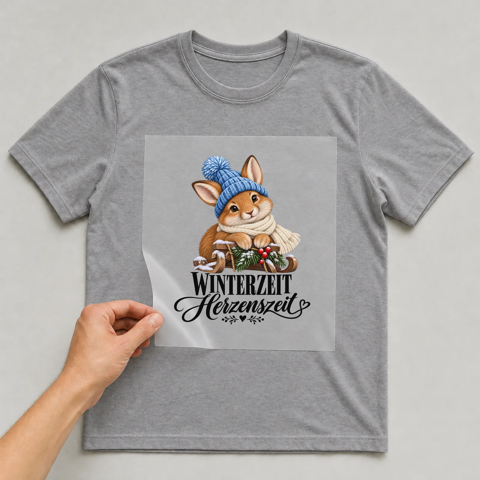 Bügelbild „Winterzeit Herzenszeit“ auf grauem T-Shirt, Folie wird aufgelegt