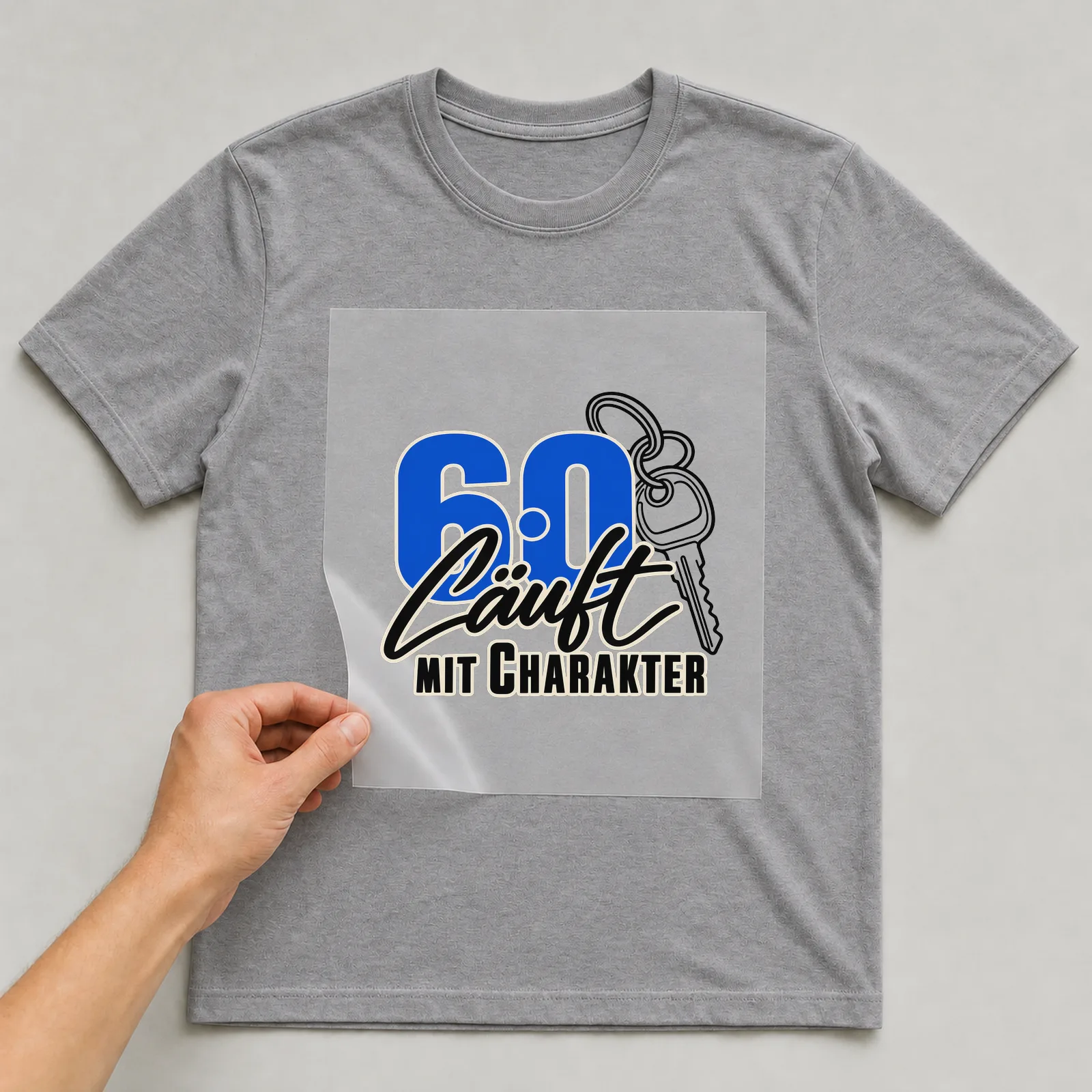 Bügelbild „60 · Läuft mit Charakter“ auf grauem T-Shirt, Folie wird aufgelegt