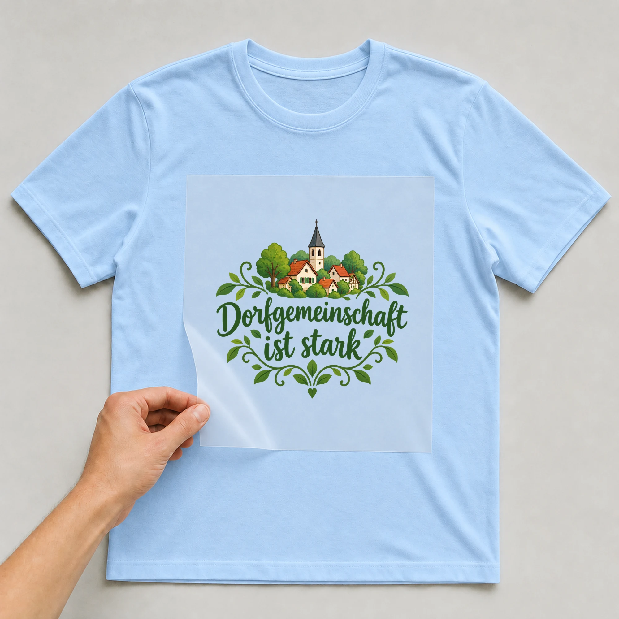 Bügelbild „Dorfgemeinschaft ist stark“ auf babyblauem T-Shirt, Folie wird aufgelegt