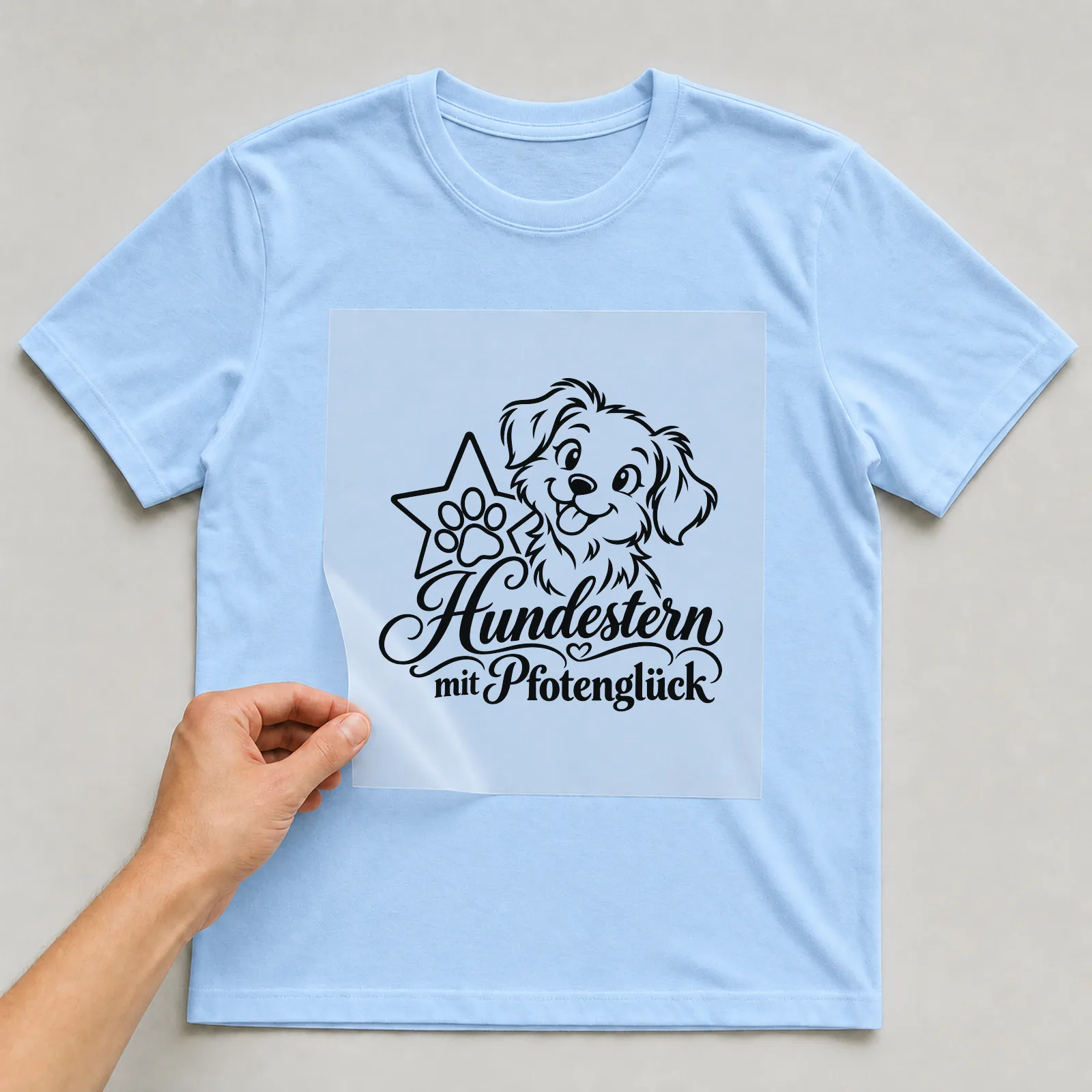 Bügelbild „Hundestern mit Pfotenglück“ auf hellblauem T-Shirt, Folie wird aufgelegt