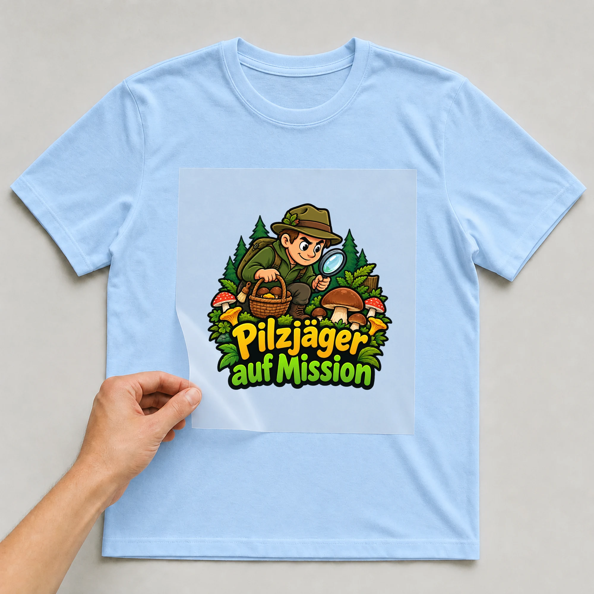 Bügelbild „Pilzjäger auf Mission“ auf babyblauem T-Shirt, Folie wird aufgelegt