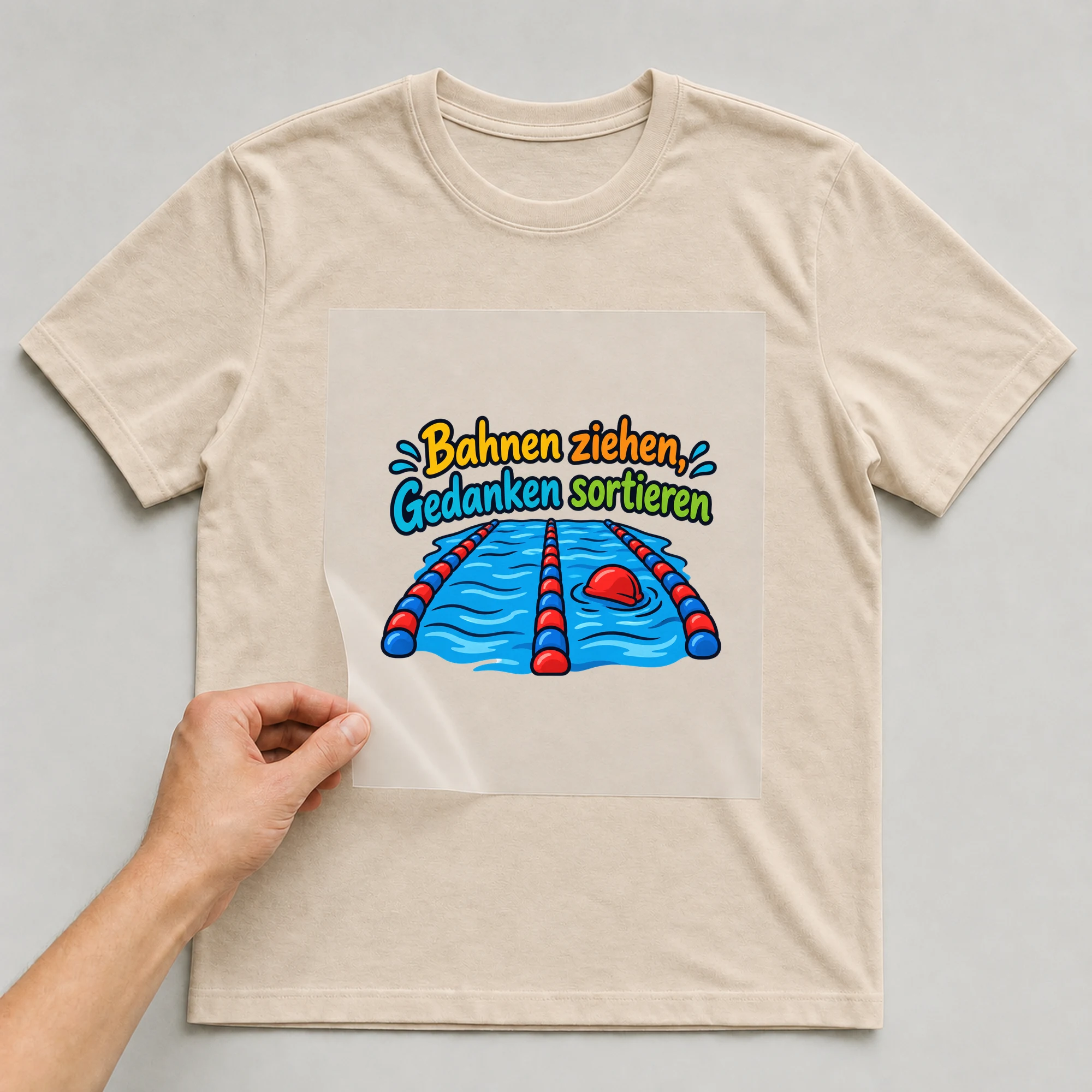 Bügelbild „Bahnen ziehen, Gedanken sortieren“ auf beigem T-Shirt, Folie wird aufgelegt