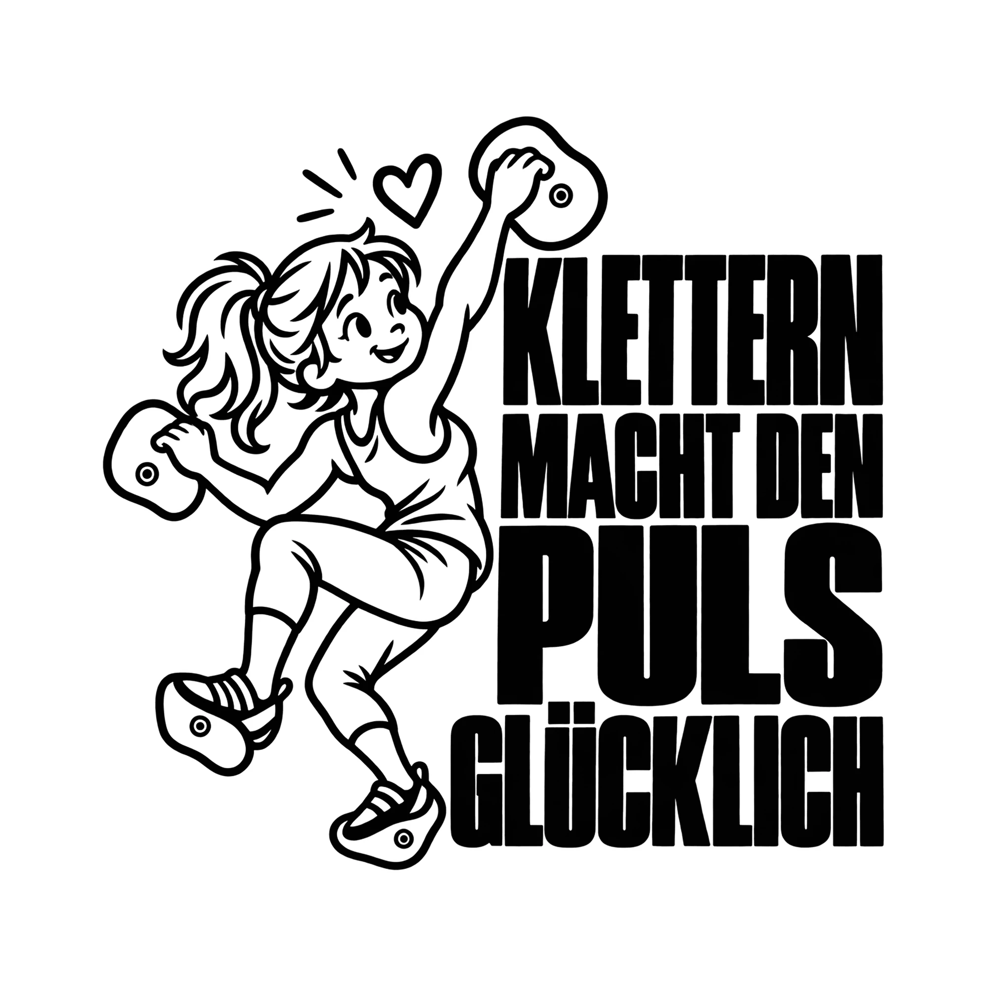 Bügelbild KLETTERN MACHT DEN PULS GLÜCKLICH als Grafik auf weißem Hintergrund (BB013785)