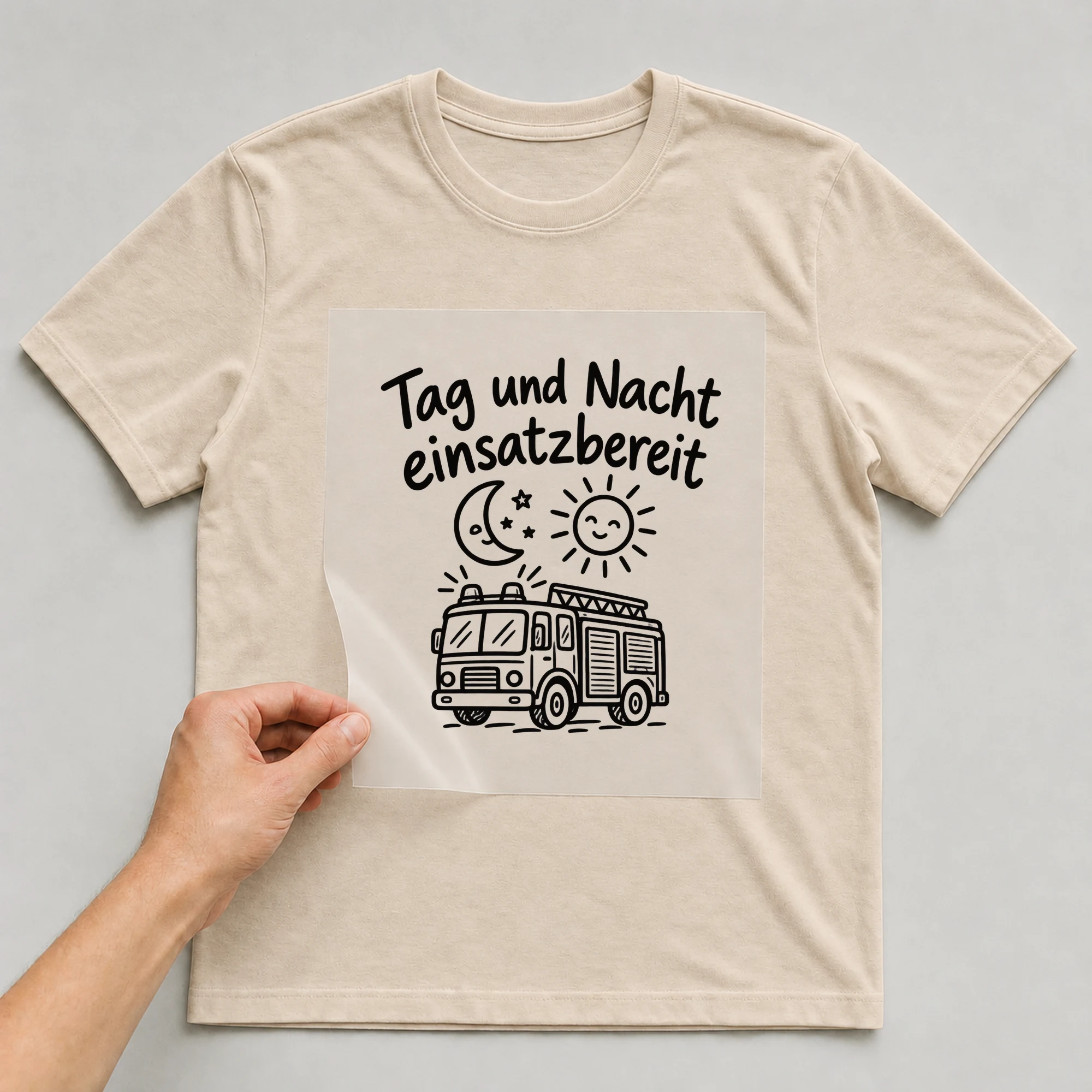 Bügelbild „Tag und Nacht einsatzbereit“ auf beigem T-Shirt, Folie wird aufgelegt