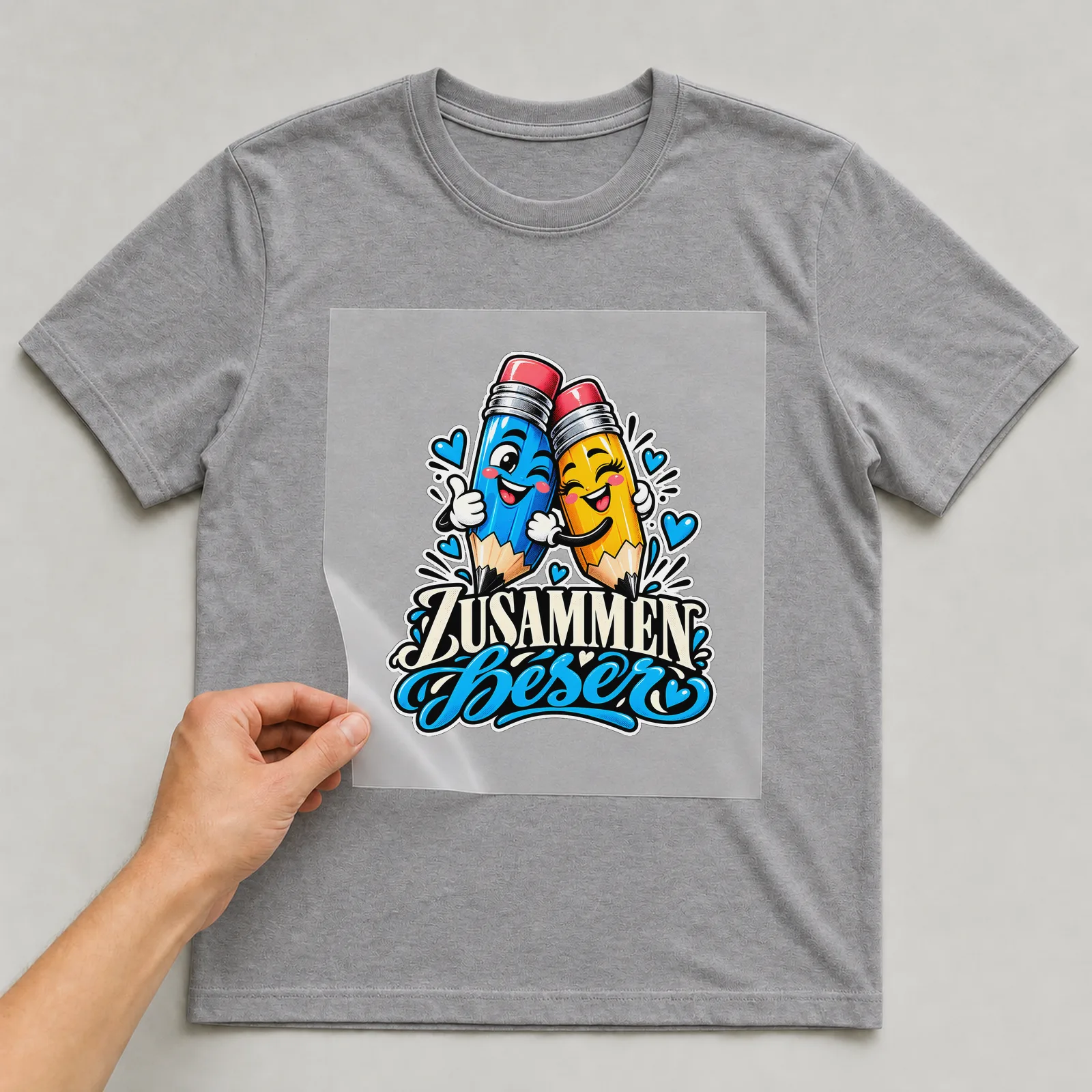 Bügelbild „Zusammen besser“ auf grauem T-Shirt, Folie wird aufgelegt