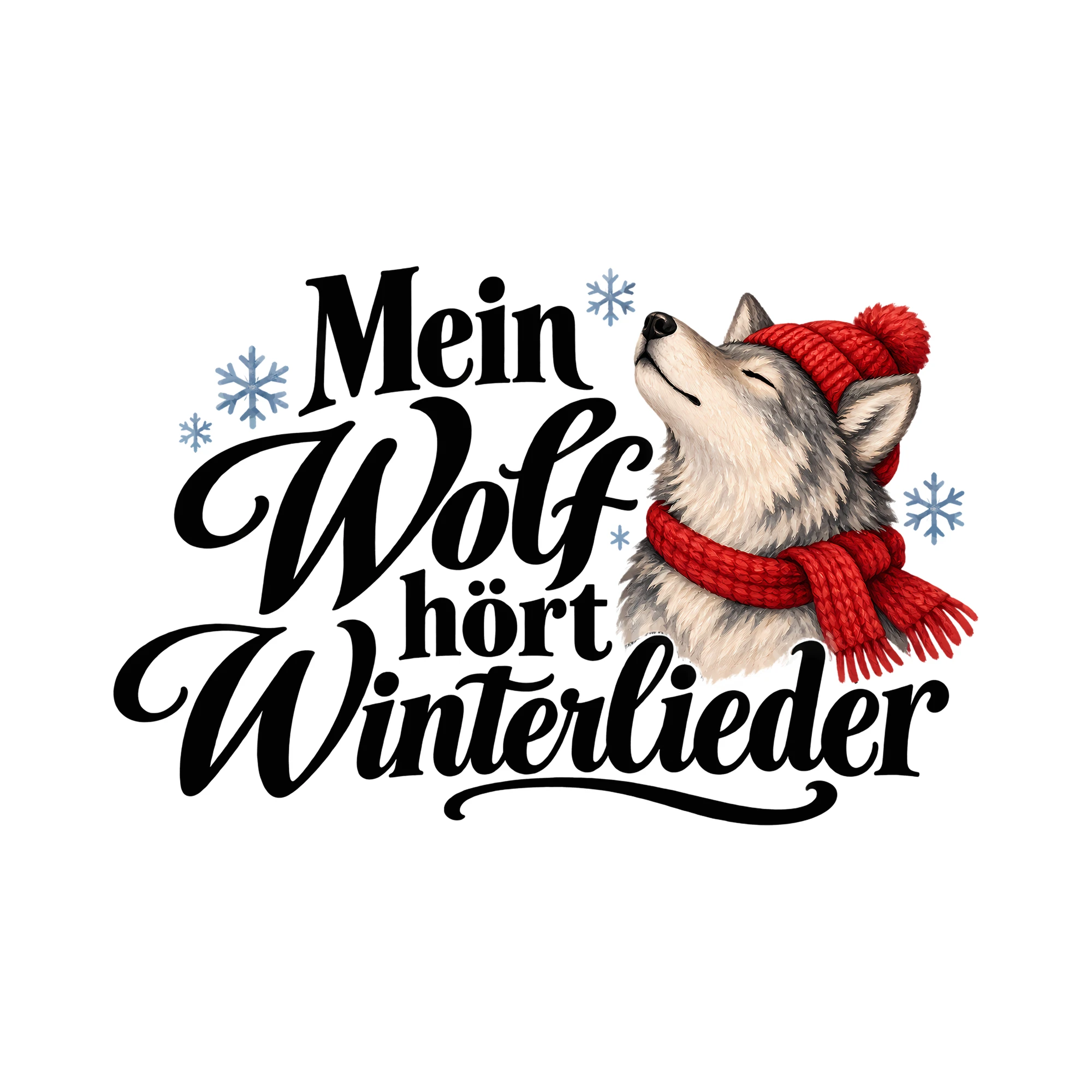Bügelbild Mein Wolf hört Winterlieder als Grafik auf weißem Hintergrund (BB013938)
