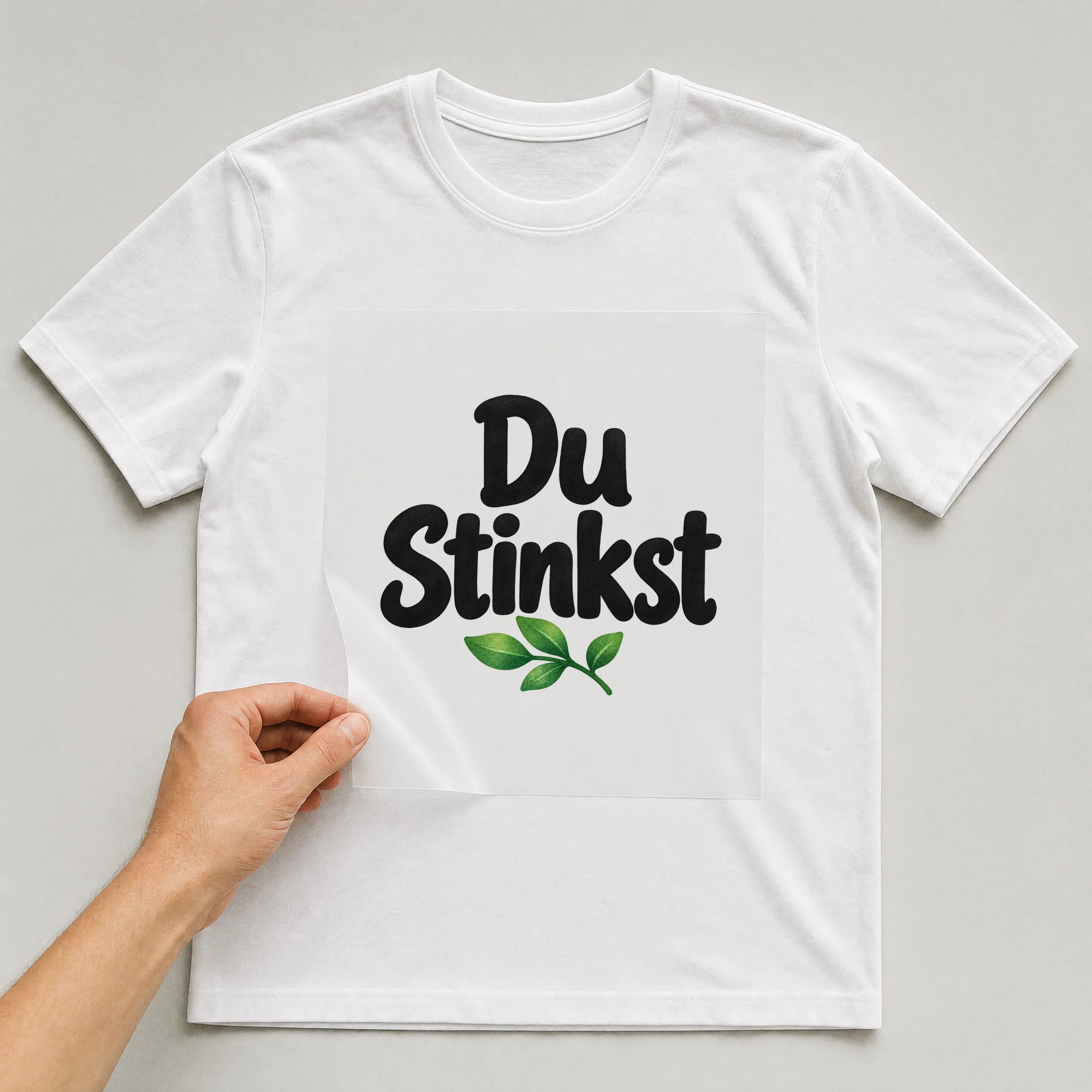 Bügelbild „Du Stinkst“ auf weißem T-Shirt, Folie wird aufgelegt