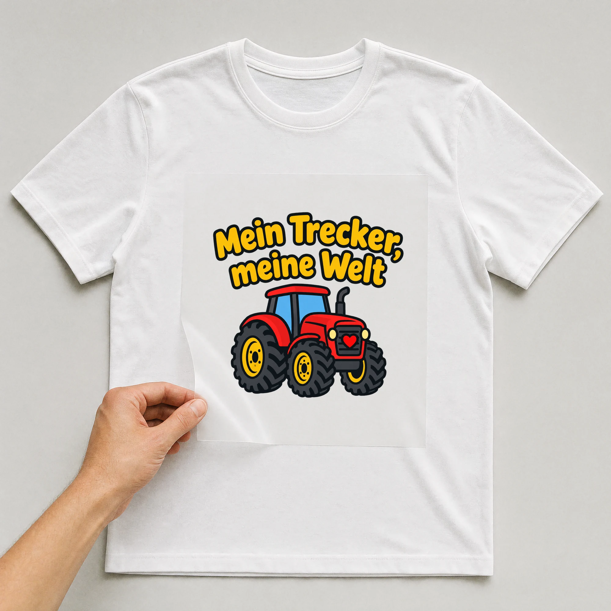 Bügelbild „Mein Trecker, meine Welt“ auf weißem T-Shirt, Folie wird aufgelegt